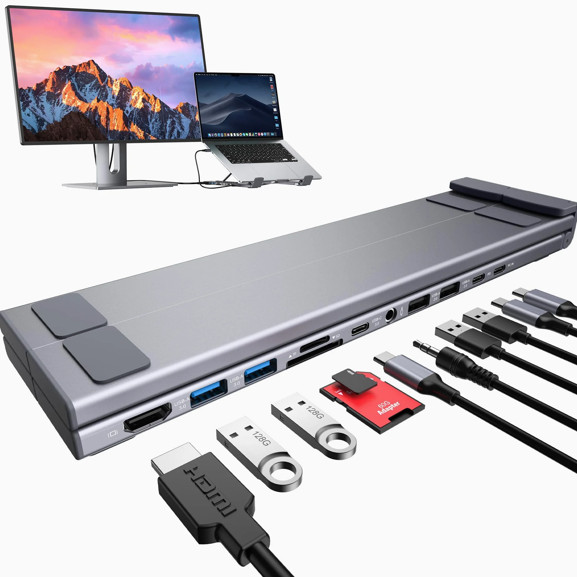 Mukiya Docking station per computer portatile, 11 in 1, supporto per laptop con HDMI 4K | HDMI 4K@60Hz, 2 USB A 3.0, 2 USB A 2.0, PD 100W, USB C 3.0+SD & TF+Audio Compatibile con Mac Pro/Air/Dell/HP/Surface/Lenovo