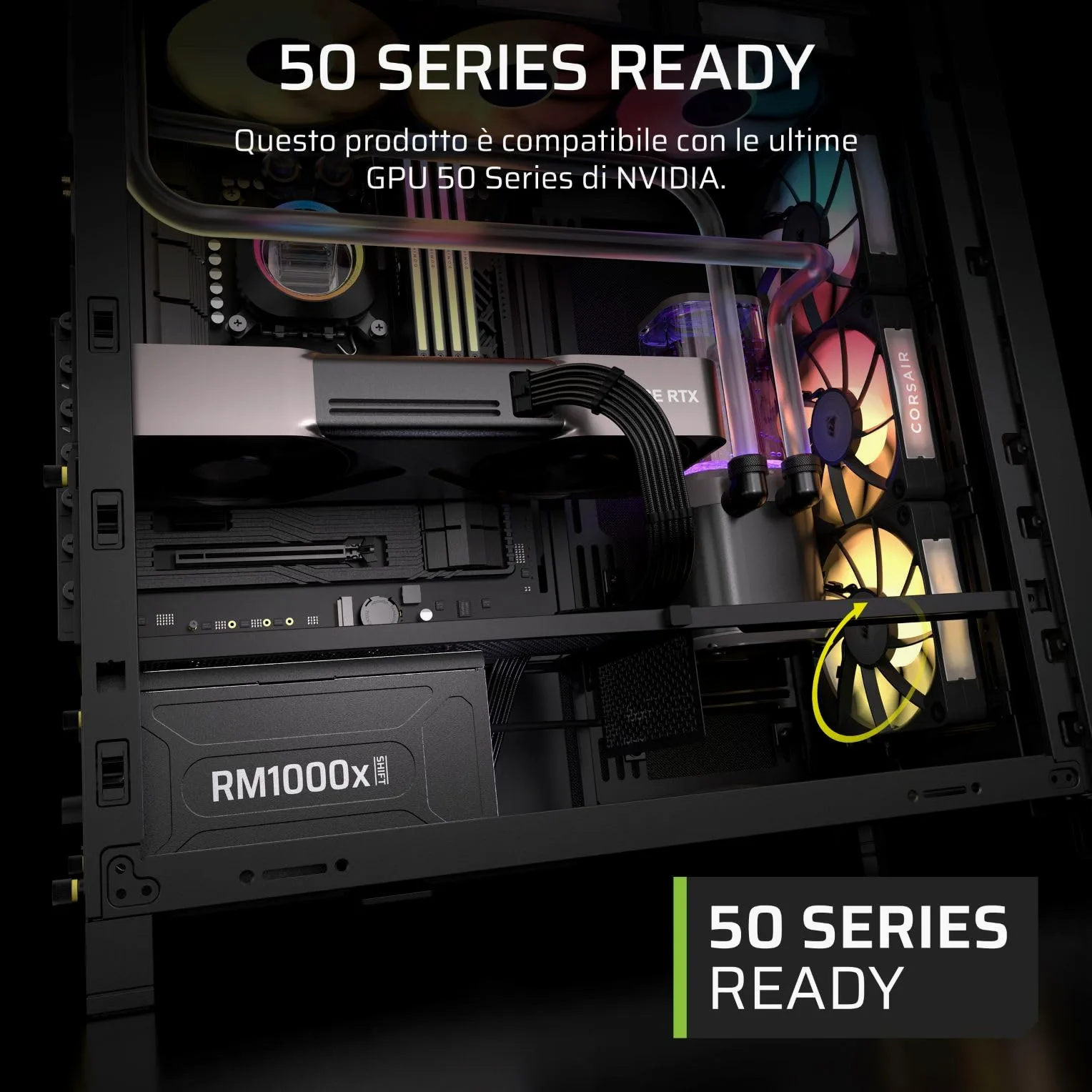 CORSAIR RM1000x SHIFT (2025) Alimentatore ATX Completamente Modulare - Interfaccia Laterale Modulare, Cavo Nativo 12V-2x6, ATX 3.1 e PCIe 5.1, Condensatori a 105°C, Cybenetics Gold - Nero