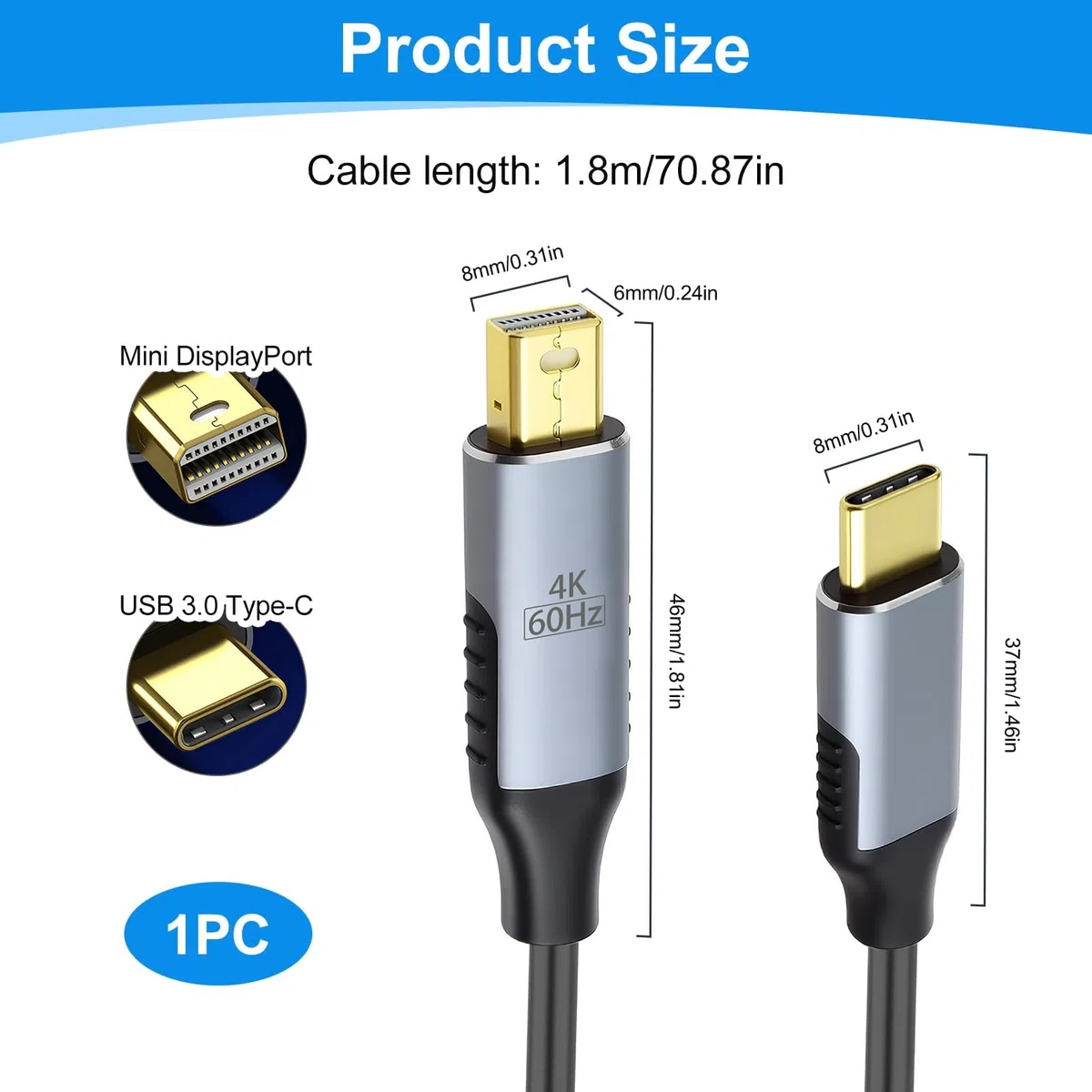 Cavo USB C a Mini DP DisplayPort 4K@60Hz HDR Video Adattatore, unidirezionale USB-C (DP Alt Mode/Thunderbolt 3/4) a MiniDP, alluminio e placcato oro per Mac Book Pro, i Pad Pro, per monitor, laptop