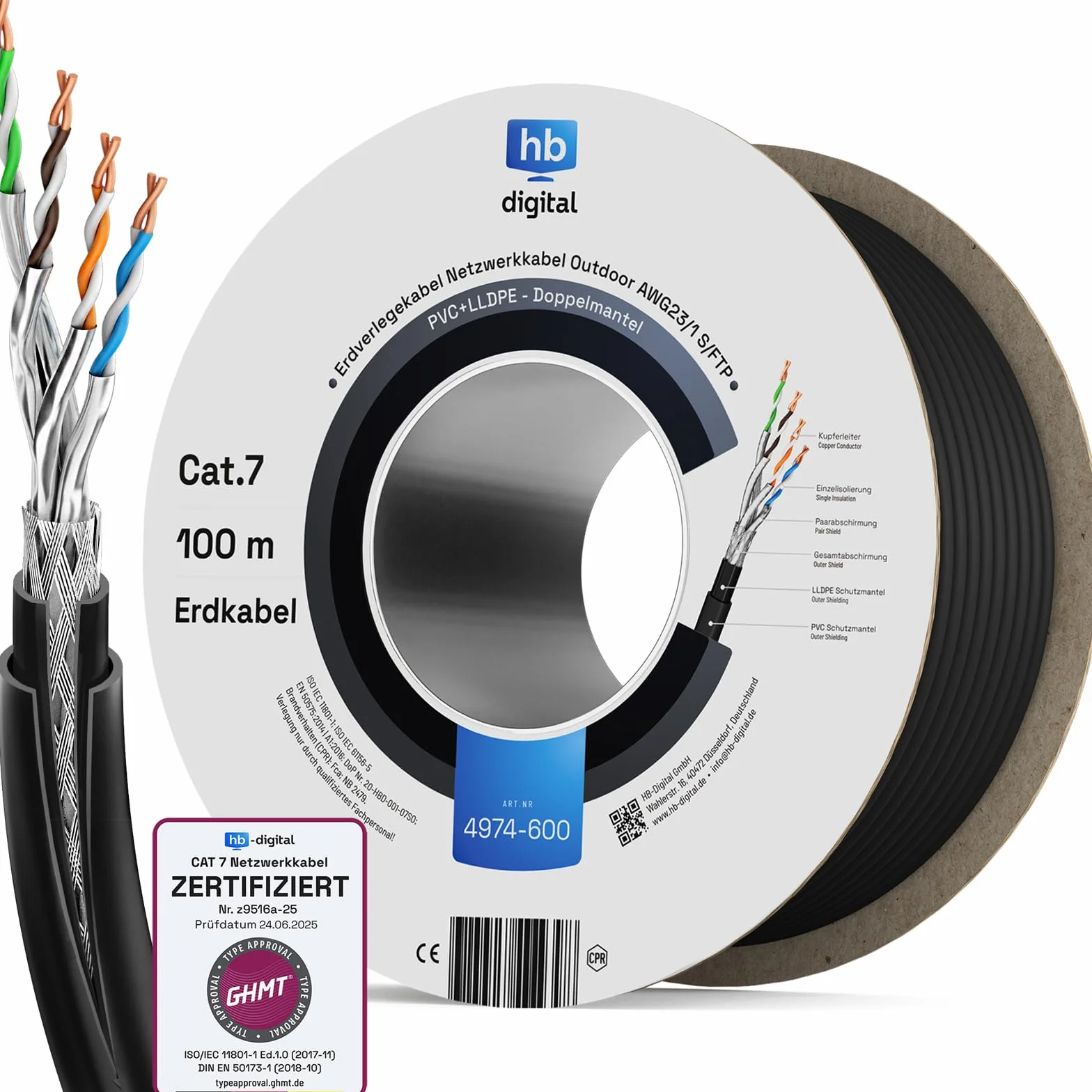 HB-DIGITAL Cavo di rete CAT 7 Outdoor per posa diretta a terra S/FTP AWG23/1 puro rame resistente ai raggi UV PoE 10 Gbit/s Ethernet - Nero