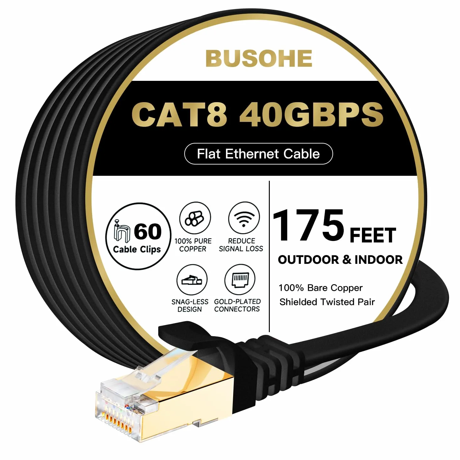 BUSOHE Cavo Ethernet Cat 8, cavo patch di rete Internet piatto ad alta velocità, 40 Gbps, 2000 MHz, cavo LAN schermato con connettore RJ45 placcato oro, per router, modem, interni ed esterni, nero