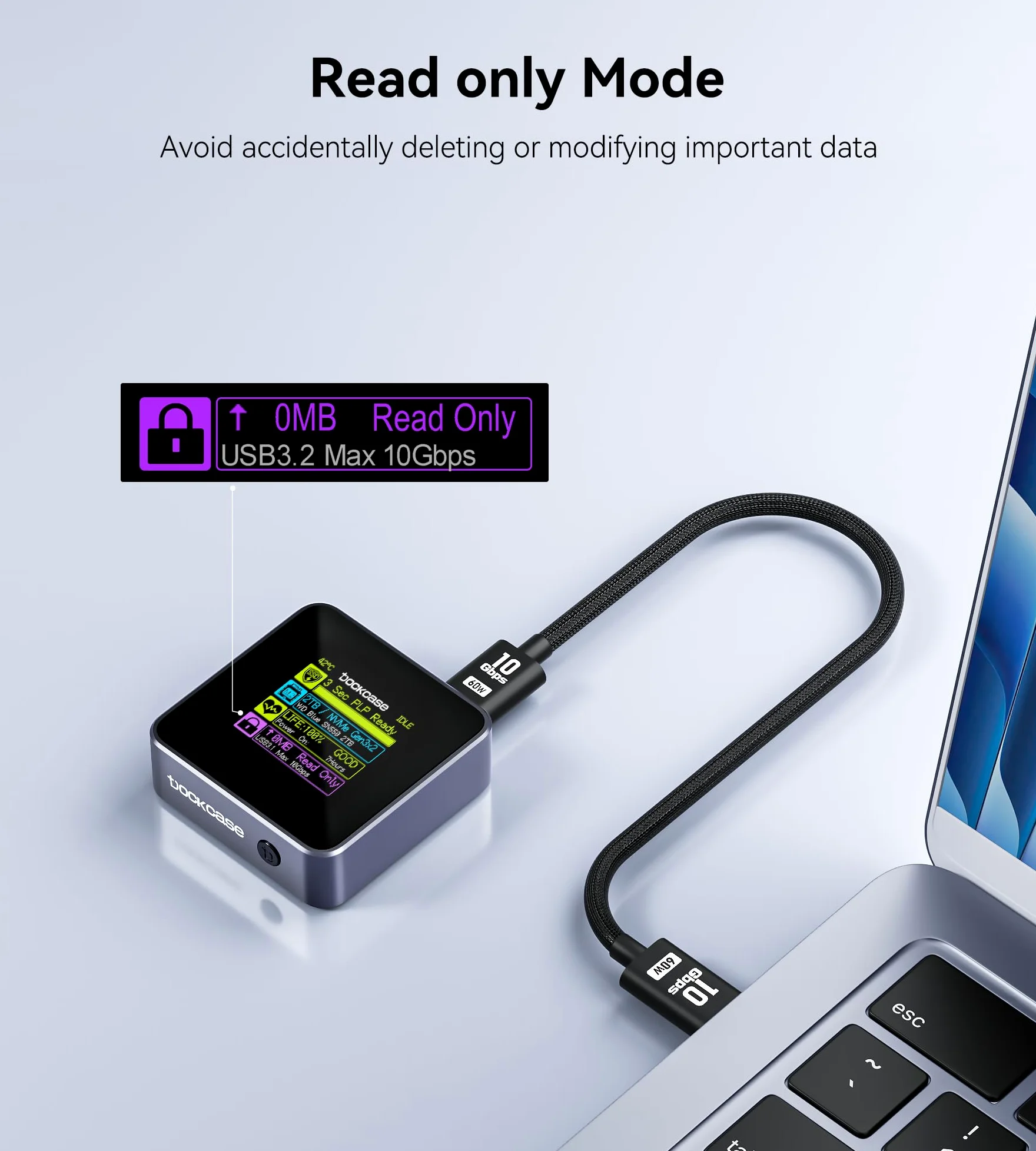 DOCKCASE Pocket M.2 NVMe Smart SSD Enclosure - Case SSD Power Loss Protection 3s, Rilevamento della salute dell'SSD, USB-C 3.2 (10Gbps) NVMe Case Supporta 2230 M.2 NVMe/PCle SSD fino a 2TB (Grigio)