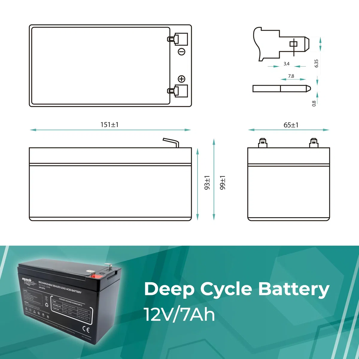 Batteria al Piombo AGM 12V 7Ah Ricaricabile, Attacchi Faston F2 6,3mm, ideale per Gruppi di Continuità UPS, Sistemi di Emergenza, Allarme, Videosorveglianza, UPS-B712