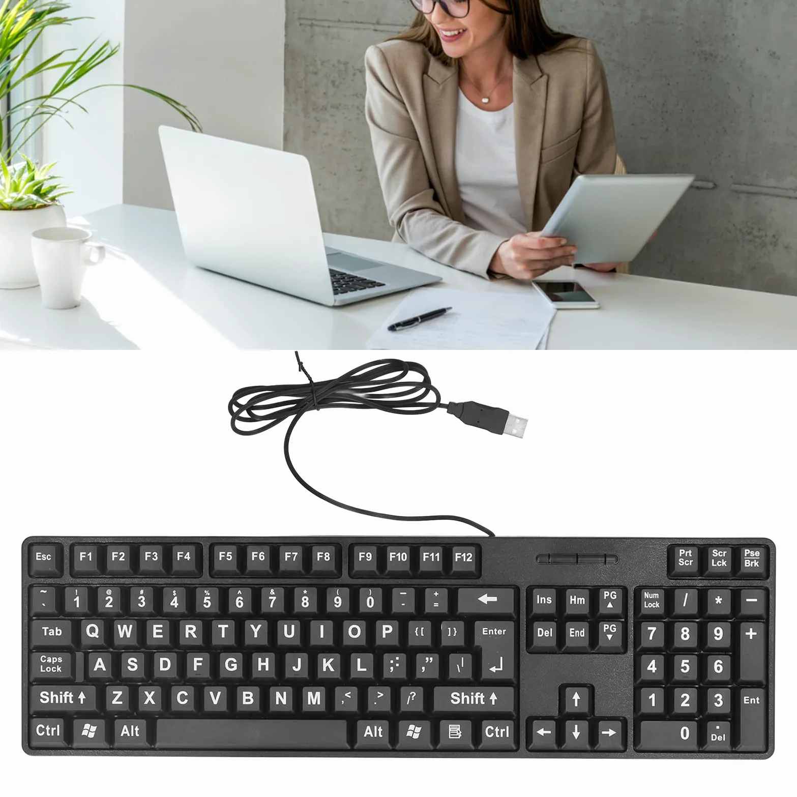 Tastiera con Stampa di Lettere Grandi, 104 Tasti Tastiera Cablata USB Standard di Dimensioni Standard, Plug and Play per Tastiera per Computer per Anziani