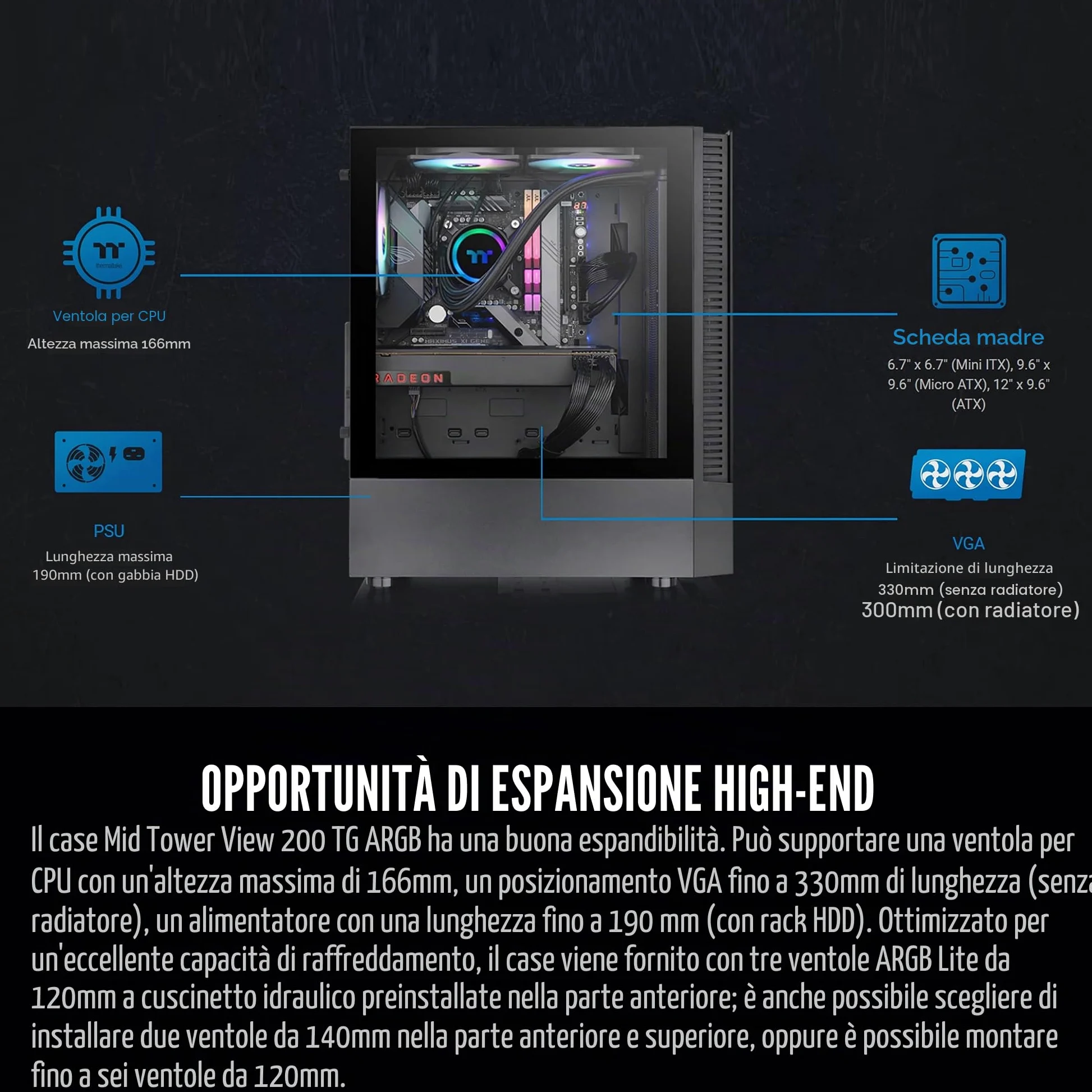 Thermaltake View 200 TG ARGB Custodia per computer ATX in vetro temperato Mid Tower con ventola ARGB anteriore 3x120mm, CA-1X3-00M1WN-00