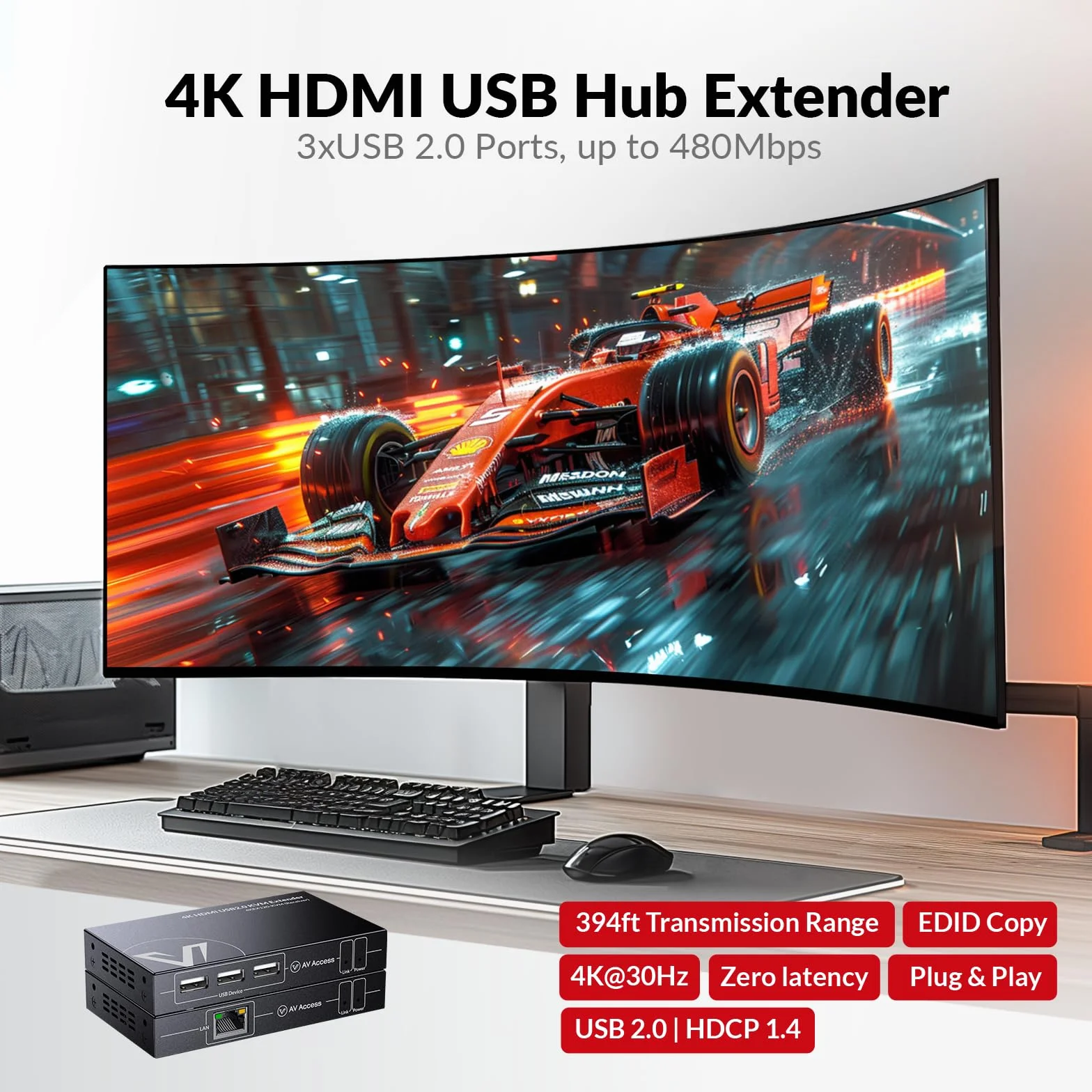 AV Access 4K HDMI KVM Extender 120m/394ft Ethernet Over Cat5e/6, 1080P@120Hz, 3 Porte USB 2.0, Zero-Latency, Plug and Play, KVM Webcam Extender per Gaming, Data Centers & Classrooms