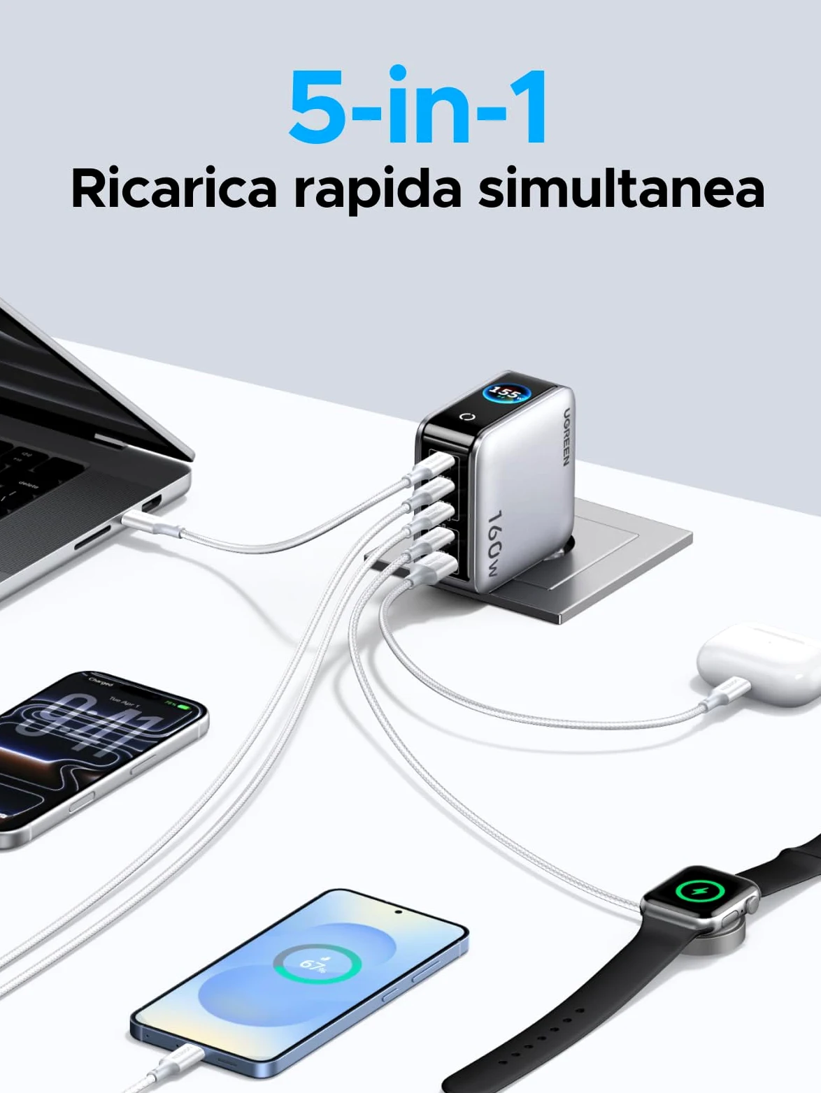 UGREEN Nexode Pro 160W Caricatore USB C Ricarica Rapido Schermo TFT PD 3.1 GaN II Alimentatore Multiplo Compatibile con iPhone 17 Pro Max Air 16 Galaxy S26 25 24 Ultra Pixel iPad MacBook M5 M4