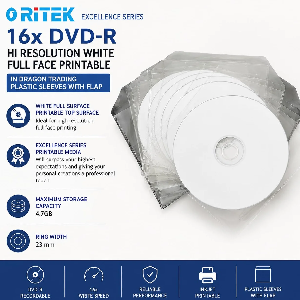Ritek - DVD-R bianco professionale stampabile a getto d'inchiostro, registrabili, con una velocità di scrittura di 16x, in custodie di plastica Dragon Trading con patta (confezione da 5)