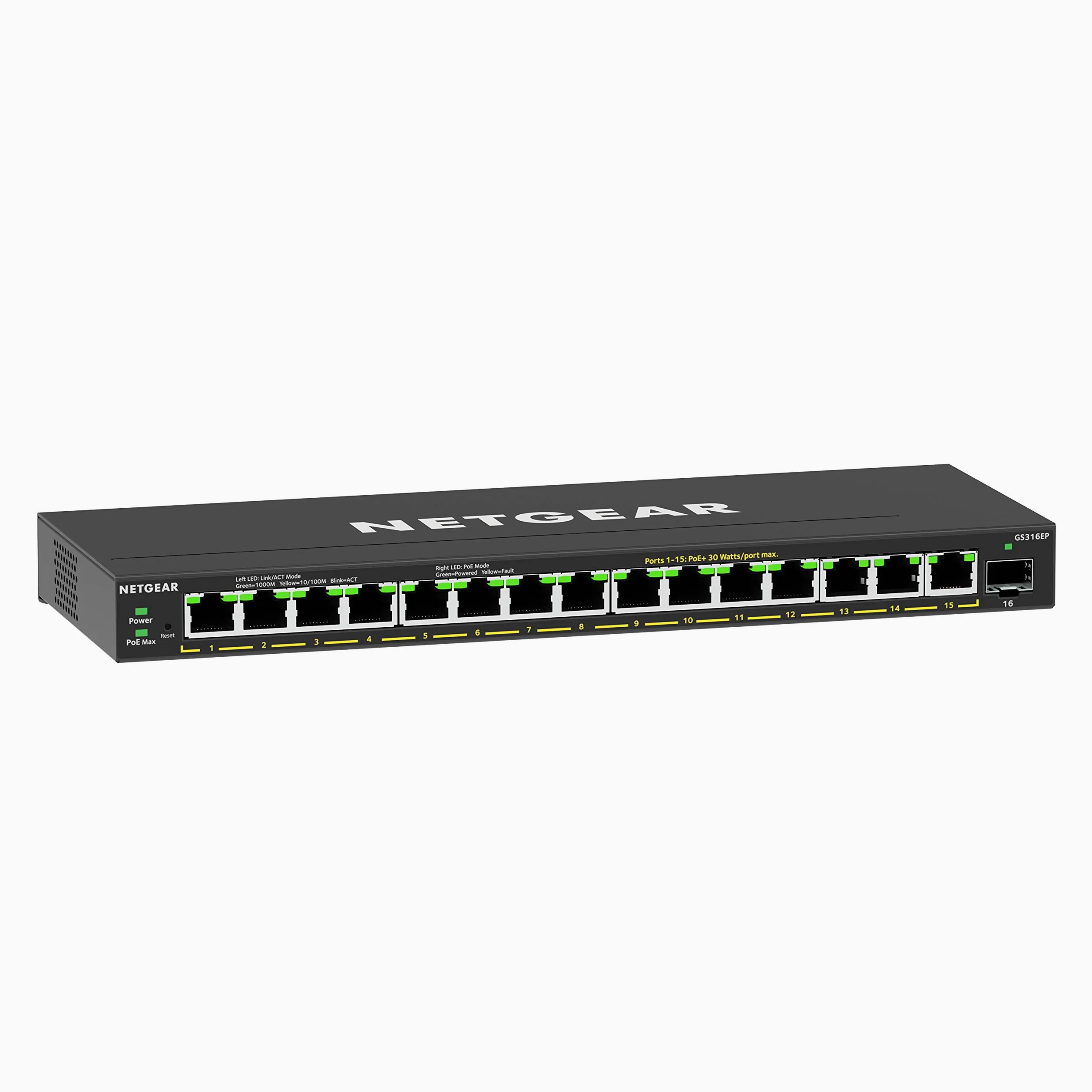 NETGEAR Switch Ethernet PoE 16 porte Unmanaged (GS316P), Switch PoE Gigabit con 16 PoE+ a 115 W, montaggio desktop o a parete