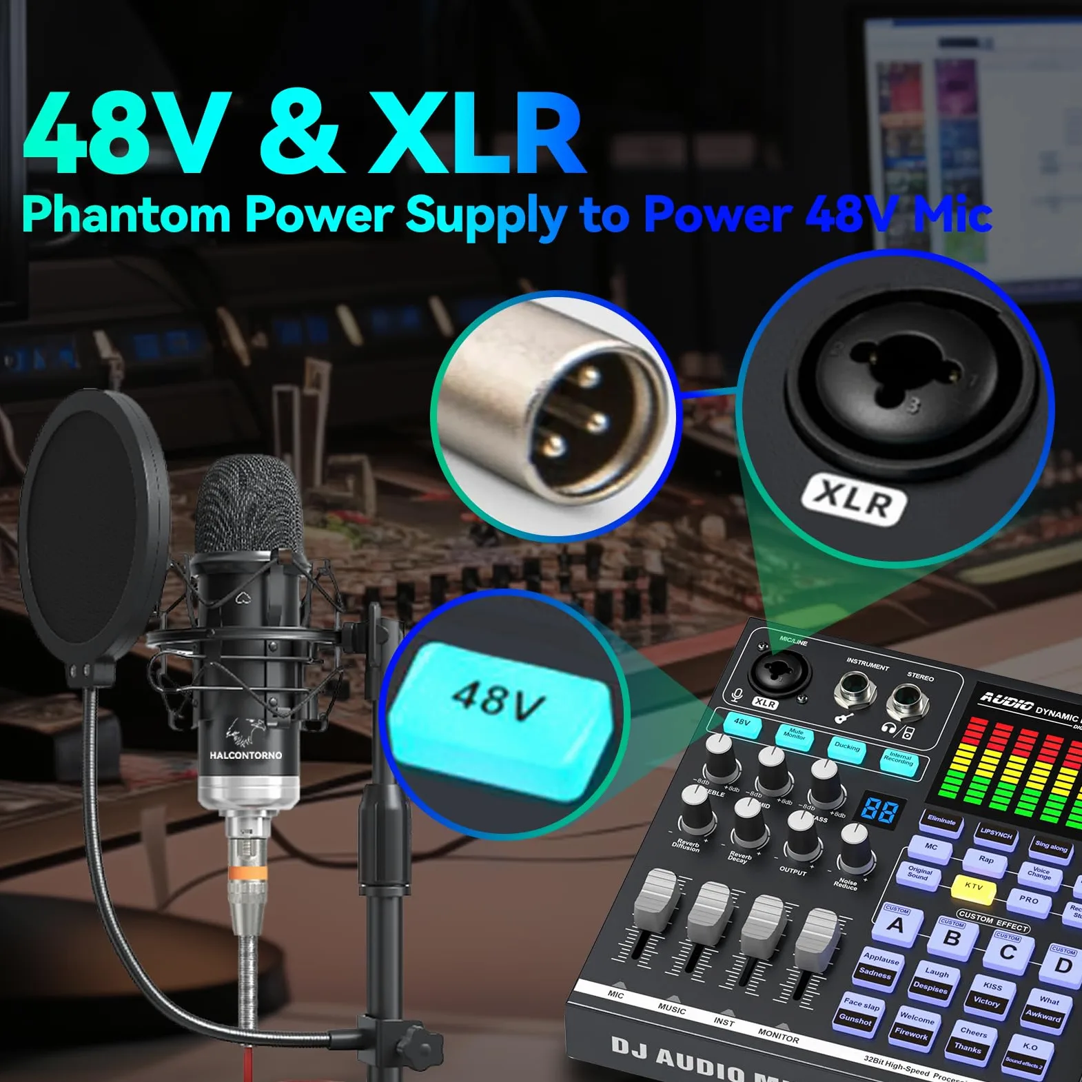 Scheda audio, mixer audio DJ con DSP, ingresso XLR, batteria integrata, scheda effetti sonori per live streaming, podcasting
