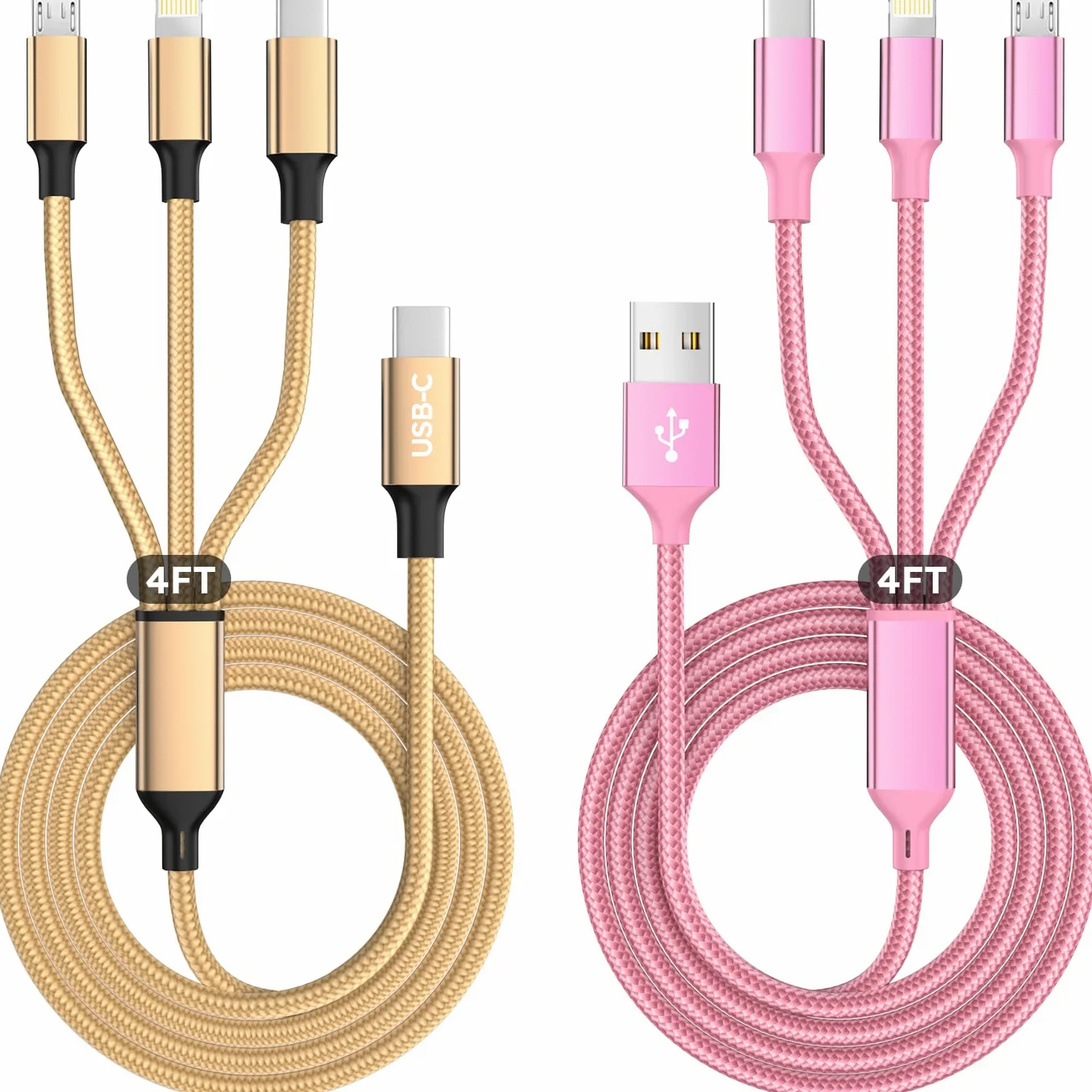 Cavo di ricarica USB 3 in 1, nylon intrecciato da 1,2 m, rosa e oro, confezione da 2