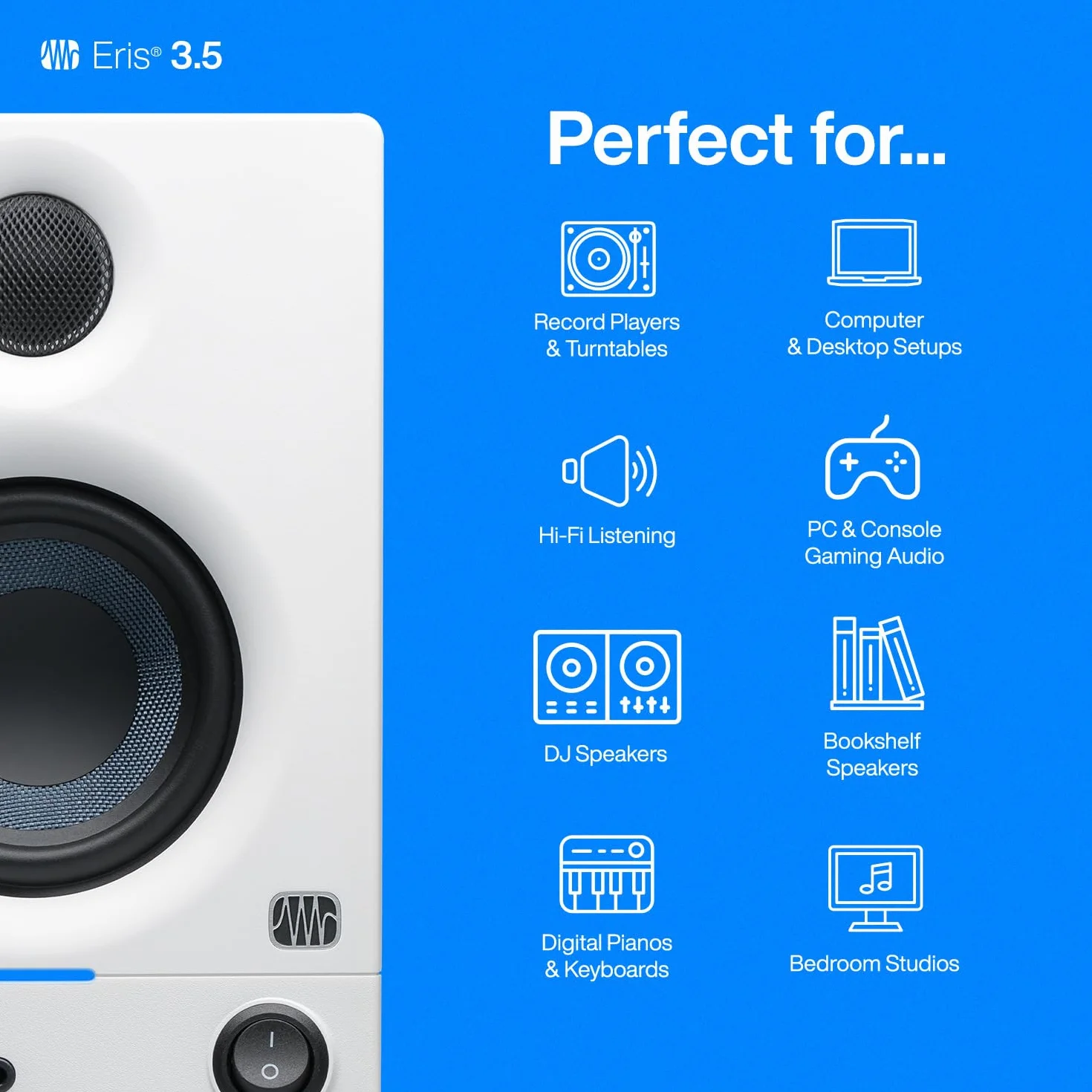 PreSonus Eris 3.5 Gen 2, Altoparlanti Attivi da Scrivania 3.5" per Multimedia, Gaming, Produzione Musicale di Qualità Studio, Potenza 50 W - Bianco