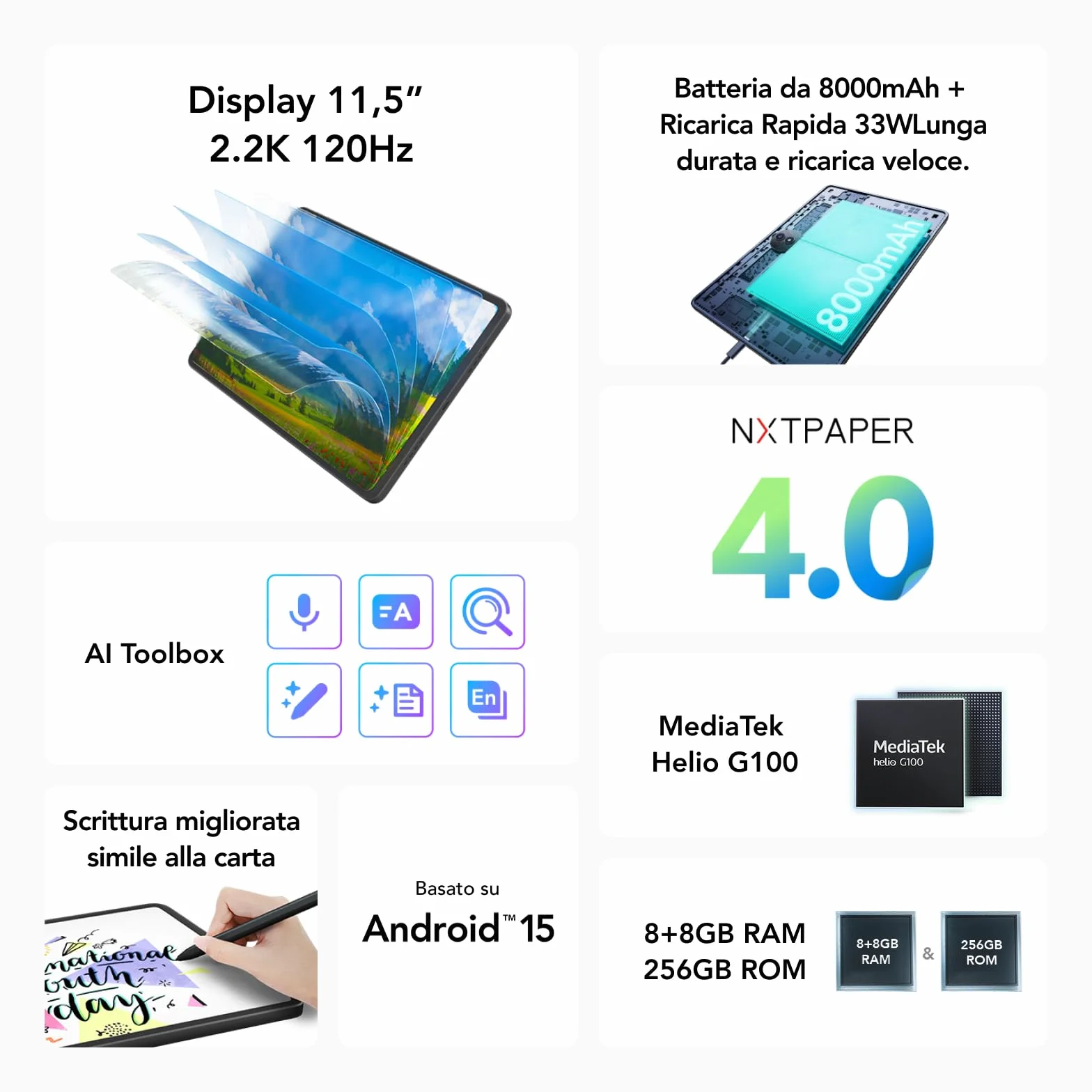 TCL NXTPAPER 11 Plus Tablet, Display NXTPAPER 4.0 da 11,5" 2.2K, AI Integrata, 256GB ROM, Espansione RAM 8GB + 8GB, Batteria da 8000mAh, Ricarica Rapida, Android 15, Grigio Scuro