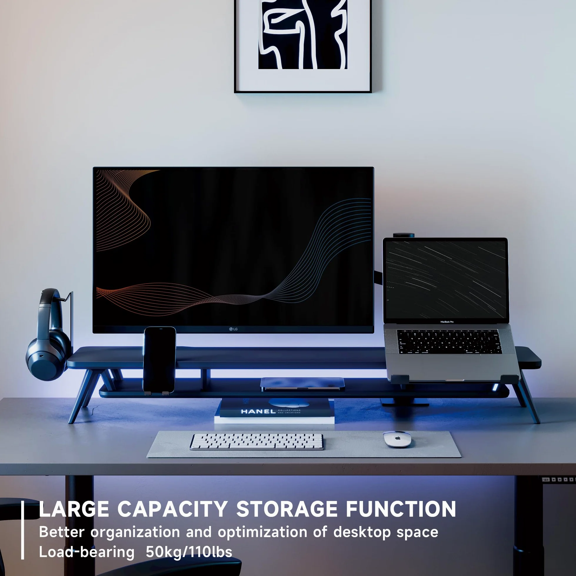 Fenge Supporto per Doppio Monitor con Supporto per Laptop/Telefono, Supporto per Computer a 2 Strati con Ampio Spazio di Archiviazione, 108x23,5x14,5cm Capacità di Carico 50KG (Nero)