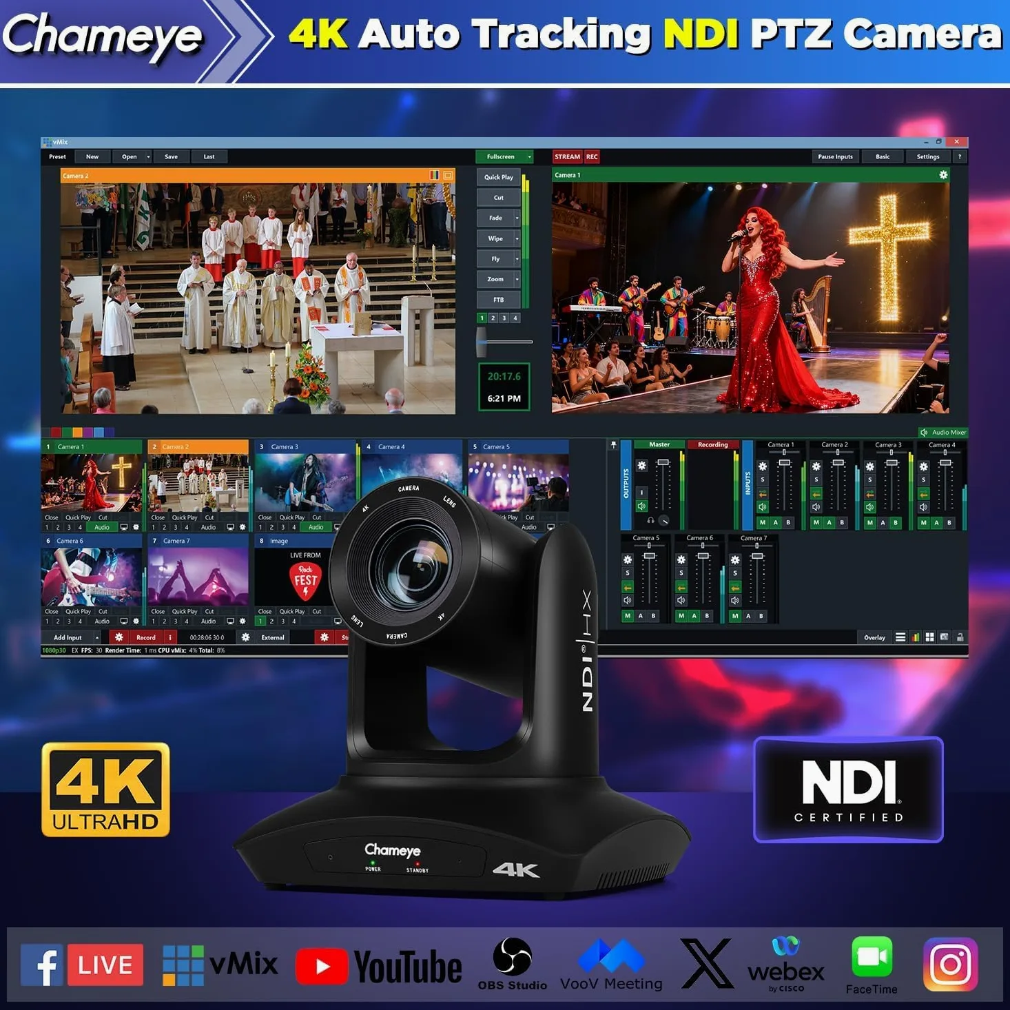 Chameye Telecamera PTZ 4K con NDI, Tracciamento AI-Automatico, Zoom Ottico 20X (Zoom ibrido 30x), Certificazione NDI HX, HDMI/USB 3.0/LAN, per Chiesa, Culto, Istruzione, Conferenze, Nero (C420T)