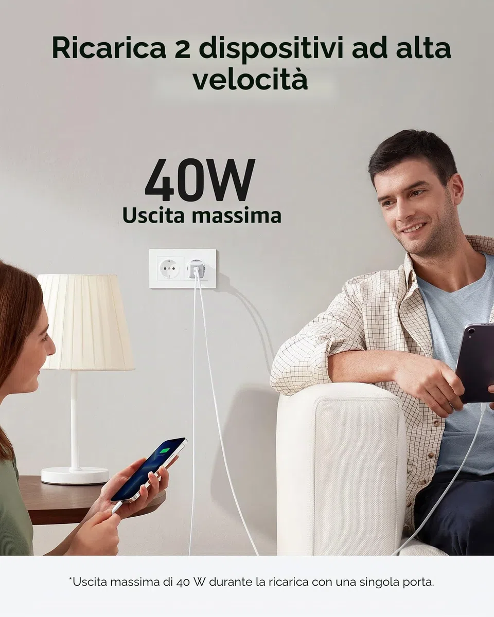 Anker Nano 521 Caricatore USB C 40W, Compatto PIQ 3.0 a Doppia Porta USB-C, Compatibile con iPhone 17 Pro Max/Serie 16-12, iPad Mini, MacBook Air e Altro (Bianco)