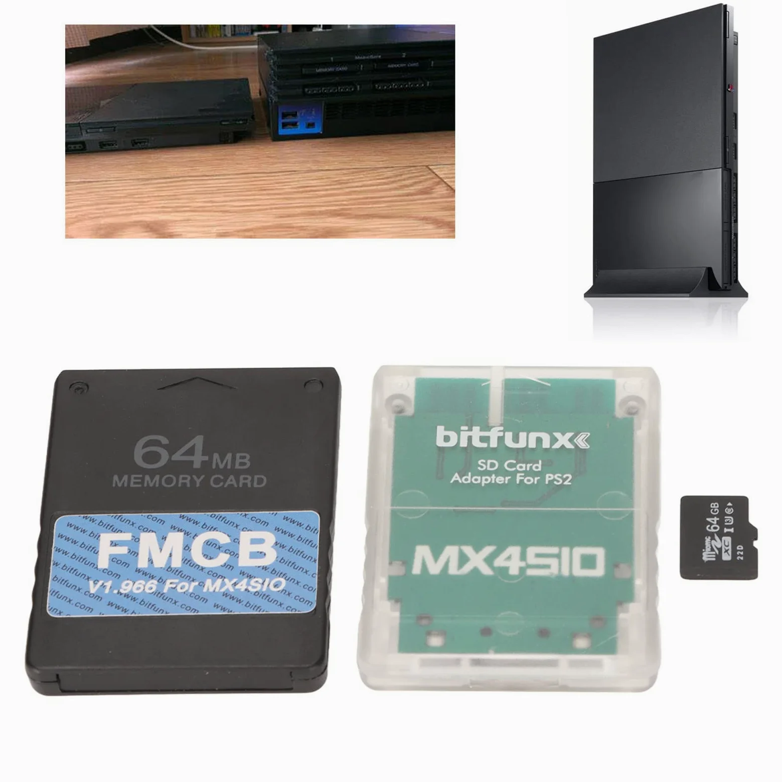 MX4SIO SIO2SD Adattatore per schede TF con scheda TF 64G, per console di gioco PS2 Adattatore di espansione della memoria della scheda FMCB adatto per console grasse OPL 1.2.0