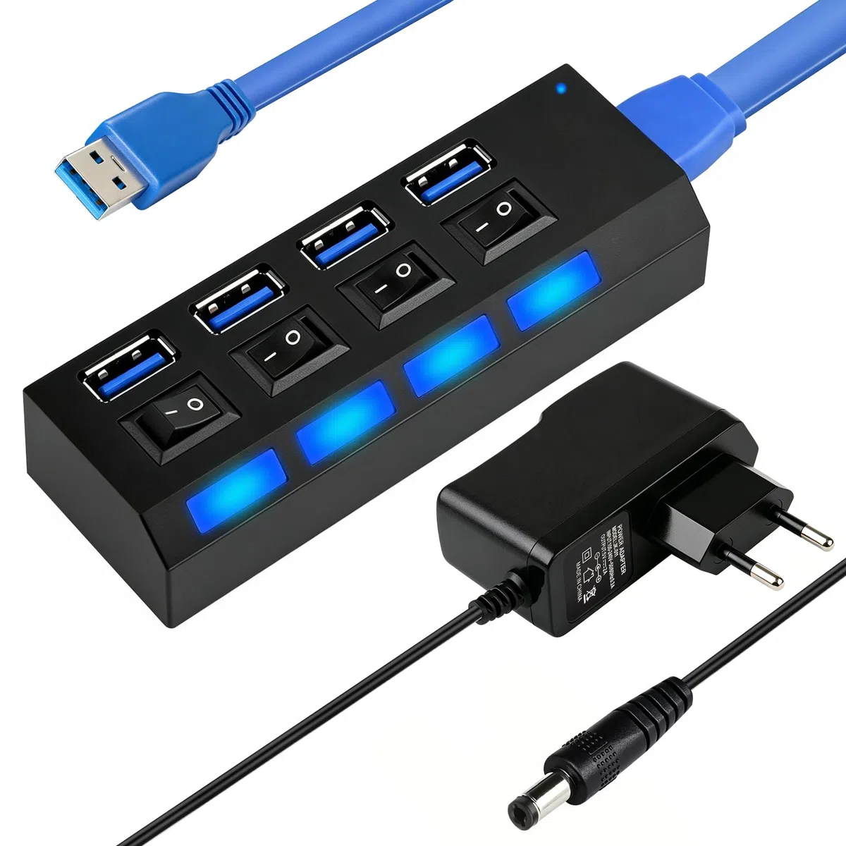 Hub USB 3.0 Alimentato, Hub USB 4 Porte con Interruttore LED Individuali, Splitter USB3.0 con alimentazione 5V 2A