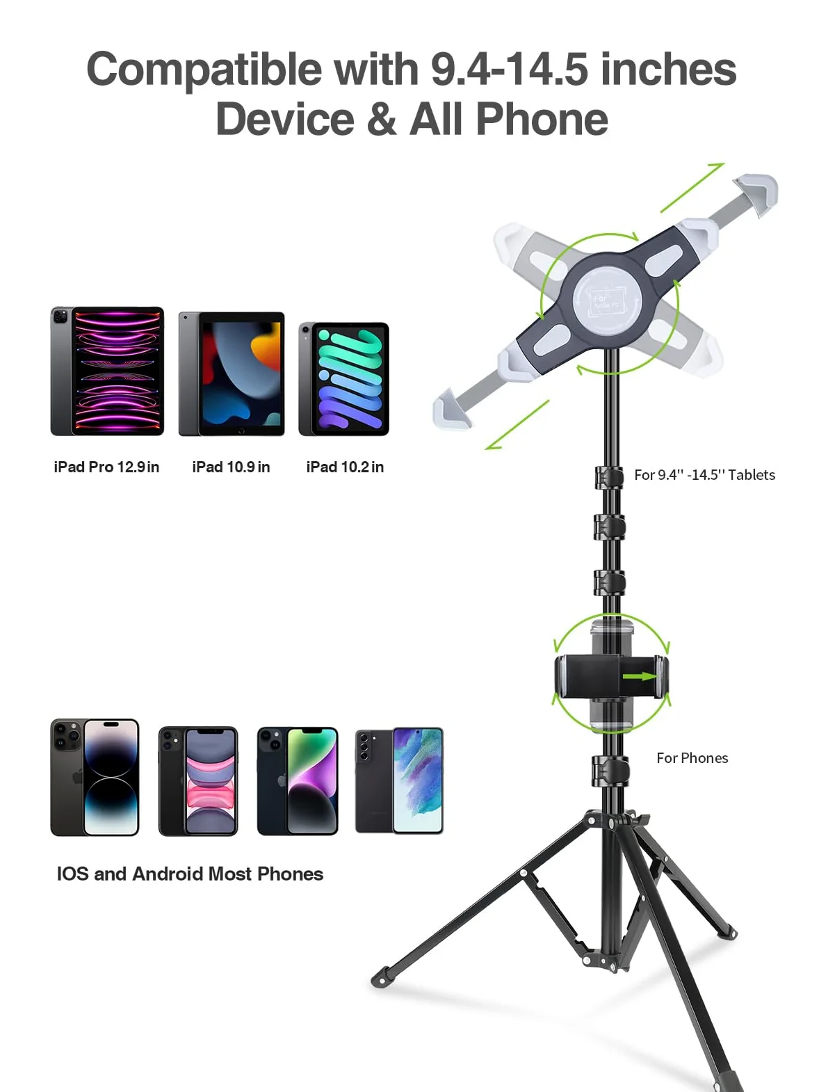 elitehood Treppiede per iPad, 165 cm, regolabile in altezza, supporto da pavimento per iPad con supporto girevole a 360°, per iPad Pro 12,9 11, iPad Air e tutti i tablet da 9,5-14,5 pollici