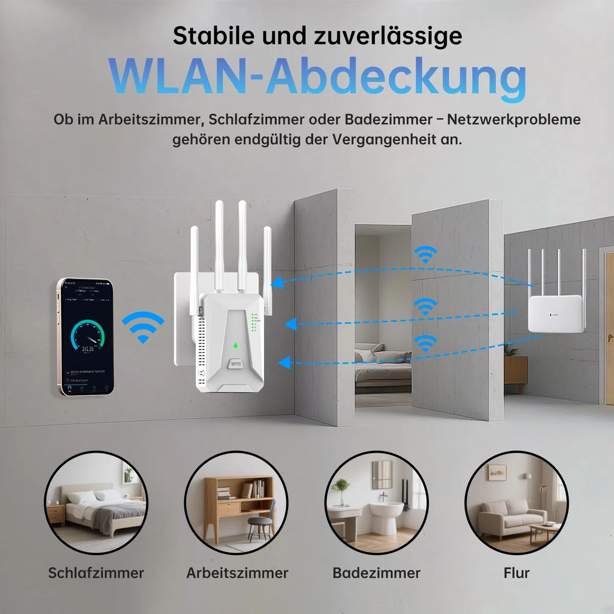 Ripetitore WiFi Potente per Casa, WiFi Extender 300Mbps, 2.4GHz Velocità Single Band, 4 Antenne, 2 porte LAN, Compatibile con tutti i box Internet con porta Ethernet, Bianco