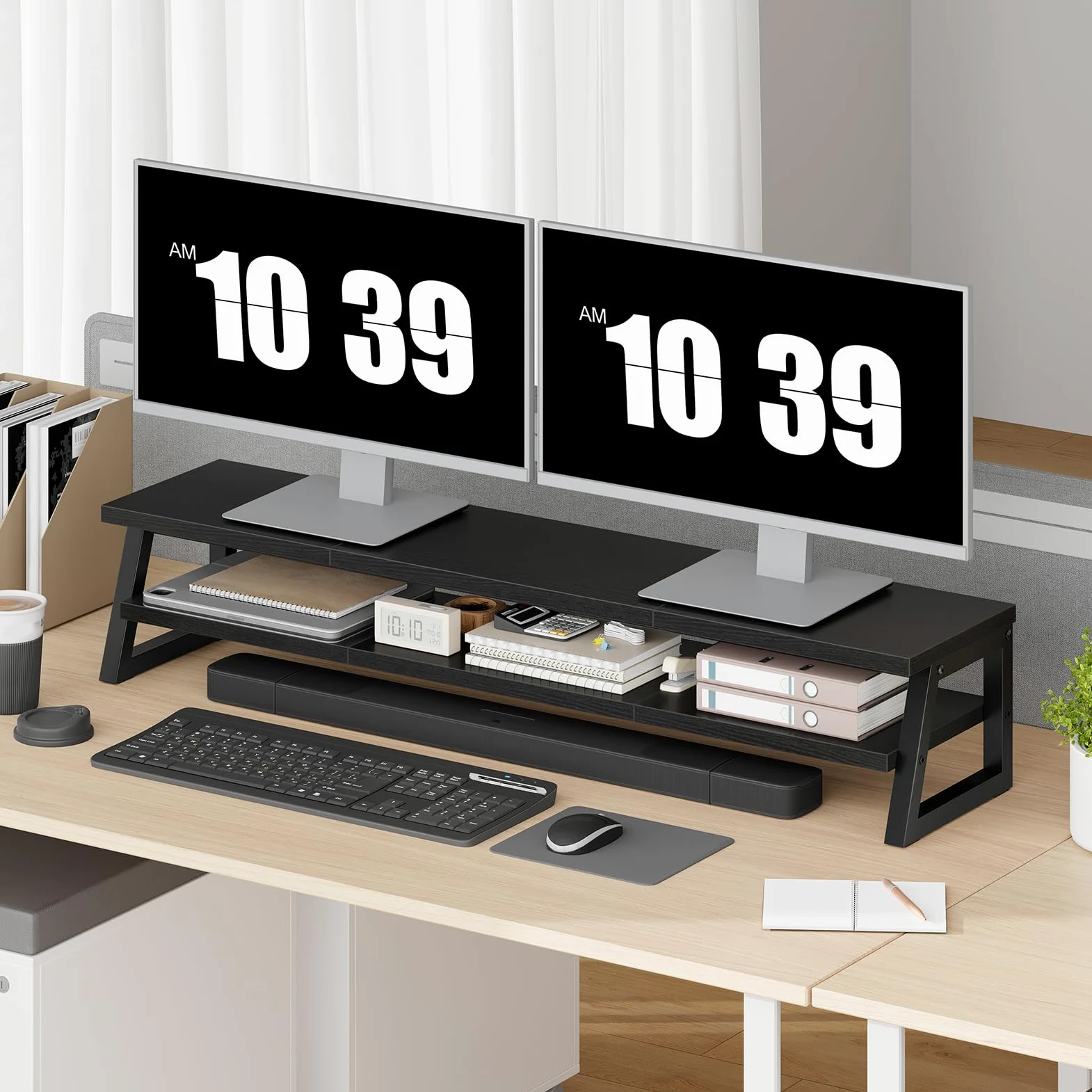 HOOBRO Supporto Monitor Scrivania a 2 Livelli per 2 Monitor, Supporto per Monitor con Rialzo per Monitor, Mensola da Scrivania per Ufficio con Spazio Contenitore, Accessori, Nero EBB122CJ01