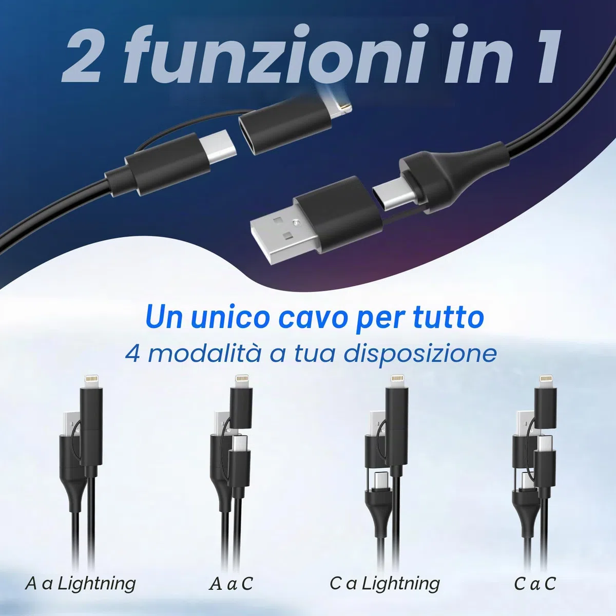 Cavo USB C e Lightning 4 in 1 [Certificato MFi] iPhone CarPlay e Android Auto, ricarica rapida e sincronizzazione dati da 60 W, cavo di ricarica multiplo a spirale per iPhone/Android/iPad/laptop