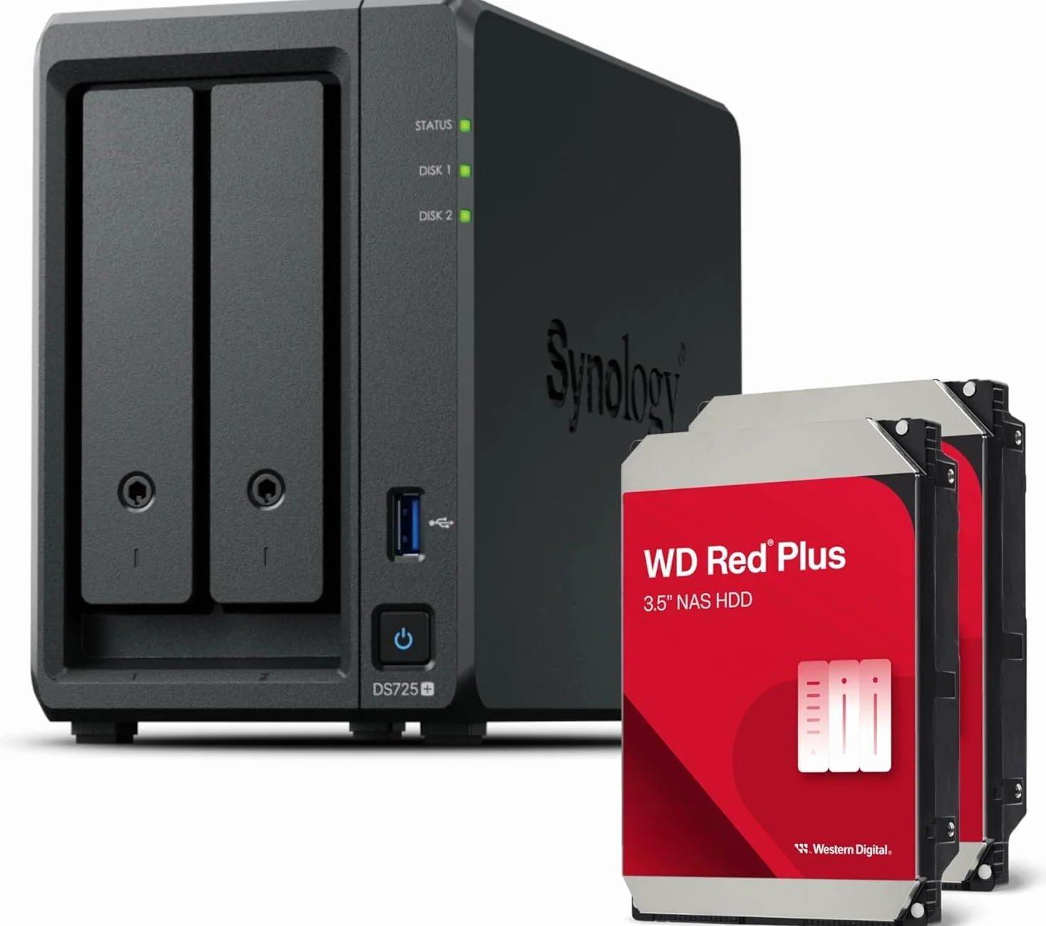 Synology DS725+ 8TB Bundle Western Digital (WD Red Plus 2X 4TB) 2 Bay Plus serie con Ryzen R1600, 4GB RAM (32GB max), 1x 2.5GbE, 1x 1GbE, 2x slot M.2 NVMe