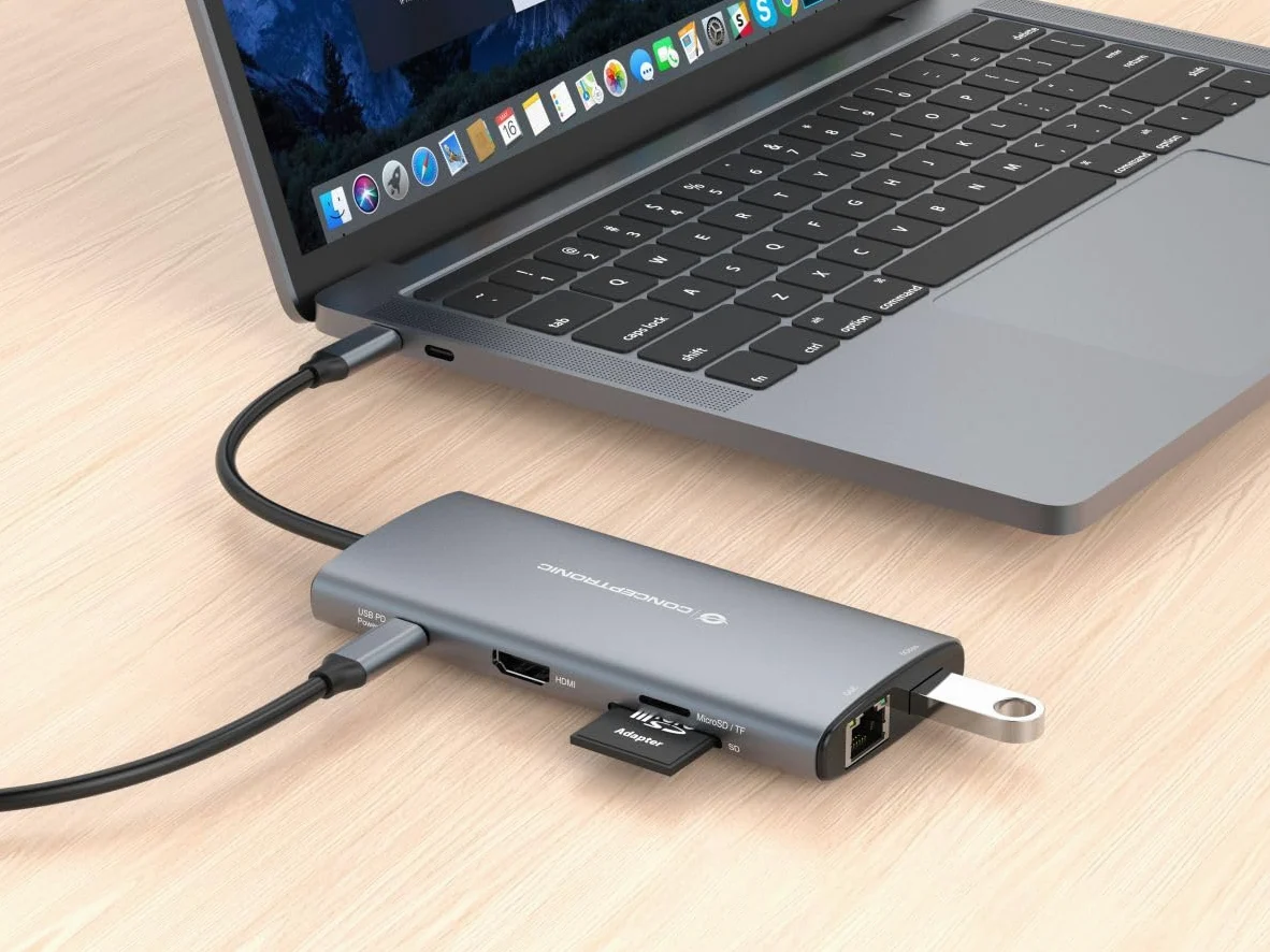 CONCEPTRONIC DONN06G 10 in 1 USB 3.2 Gen 1 Docking Station, HDMI, 100 W USB PD, USB-C 5 Gbps x 2, USB-A 5 Gbps x 3, SD, TF/MicroSD, GbE