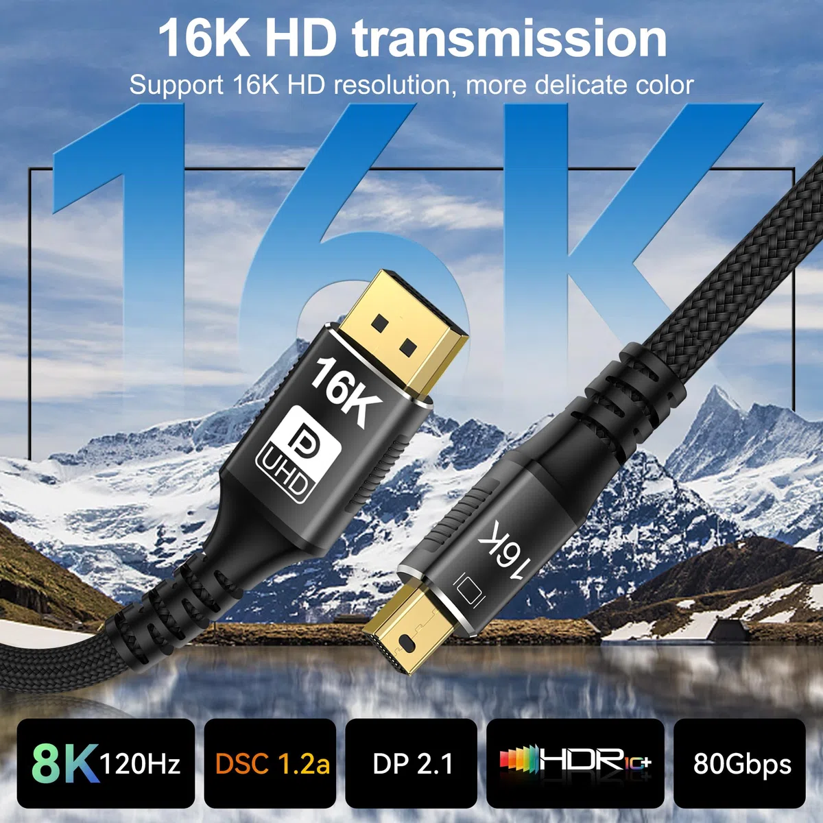 YIWENTEC 16K Mini DisplayPort to DisplayPort Cable 2.1, 16K (15360 x 8640) @ 60Hz 4K @ 240Hz 8K @ 144Hz, HDR, DSC1.2a, G-Sync FreeSync (2M)