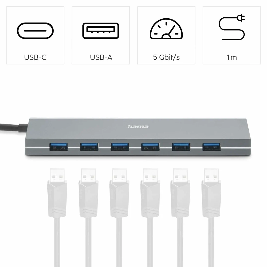 Hama Hub USB 7 porte (porta USB-A e USB-C con alimentatore, 7 x USB-A per mouse, tastiera, disco rigido esterno, chiavetta USB, ecc., alloggiamento in alluminio, adattatore USB per ufficio, casa