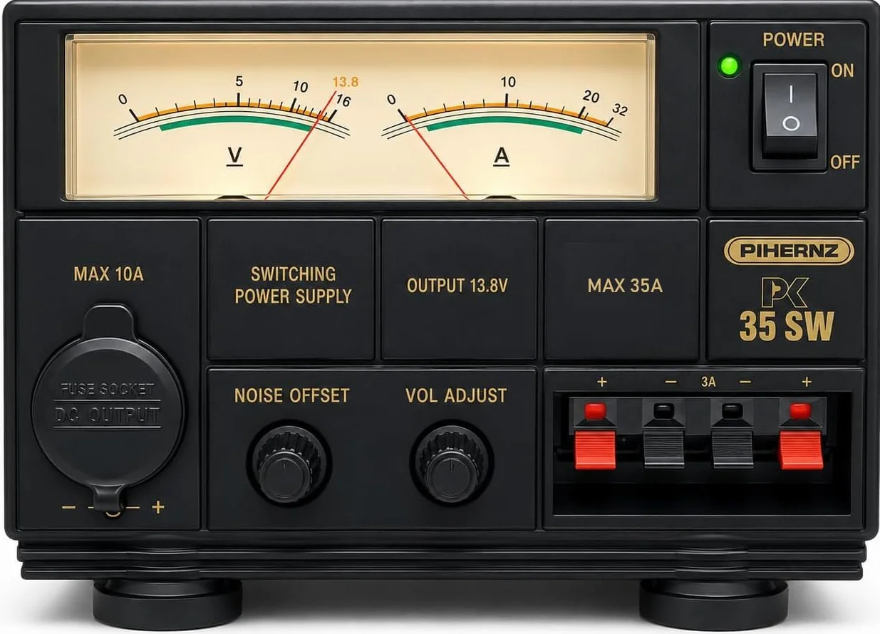 PC-35 SW Alimentatore Switching Stabilizzato Professionale da 35A, Uscita Regolabile 8-15V / 13,8V Fissi, Soppressore di Rumore, Doppia Uscita (Presa Accendisigari e Terminali a Banana)