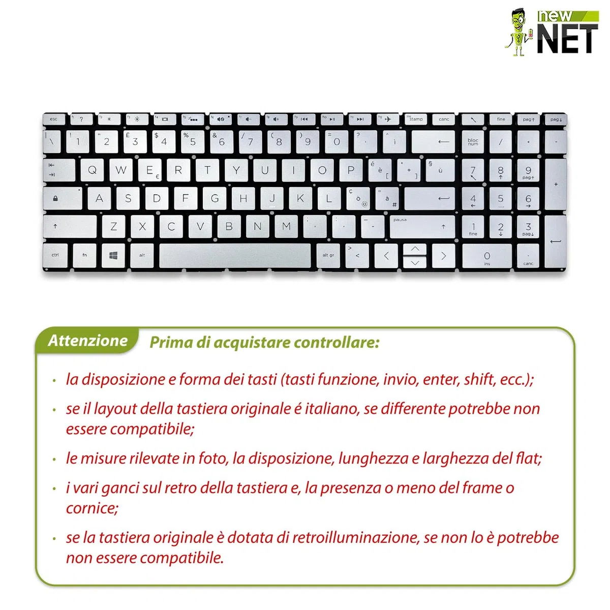 new net - Tastiera Compatibile con HP Pavilion 15-CW, 15-cw0000, 15-cw0006nl, 15-cw0009nl, 15-cw0010nl, 15-cw0011nl [Senza Frame - Colore Tasti Argento - Retroilluminata - Layout ITA]