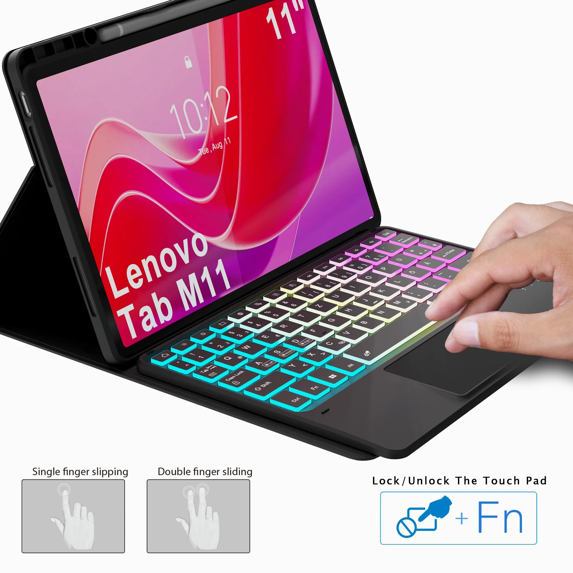 Custodia per Lenovo Tab M11 TB330/TB331 2024 da 11 pollici, con tastiera con trackpad | Retroilluminazione RGB a 7 colori, tastiera con touchpad, portapenne, rimovibile, magnetica, per studenti, viaggi