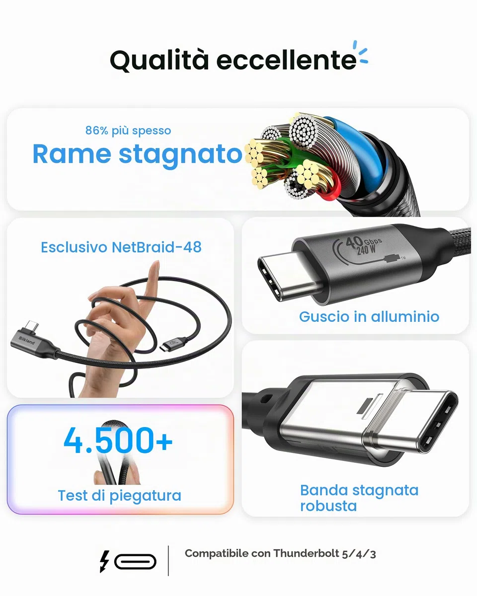 Silkland 40Gbps Cavo Thunderbolt 4 Compatibili, Cavo USB4 1M, 8K/6K/5K@60Hz 4K@144Hz HDR, 240W PD3.1 Cavo USB Type-C per MacBook, PSSD, Dock, Android Auto, iPhone16/15, Galaxy S25 Ultra