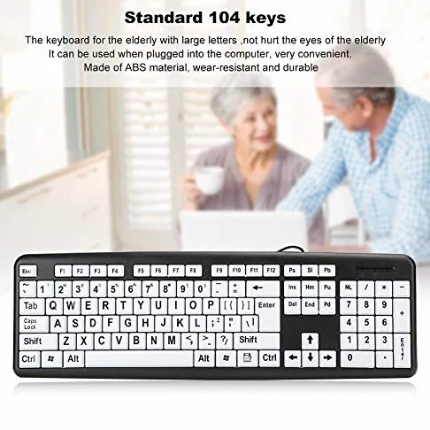 banapoy Tastiera per Computer con Stampa Grande, Tastiera USB Cablata Full Size a 104 Tasti con Tasti Bianchi con Stampa Grande per Anziani Ipovedenti Ipovedenti(Nero)