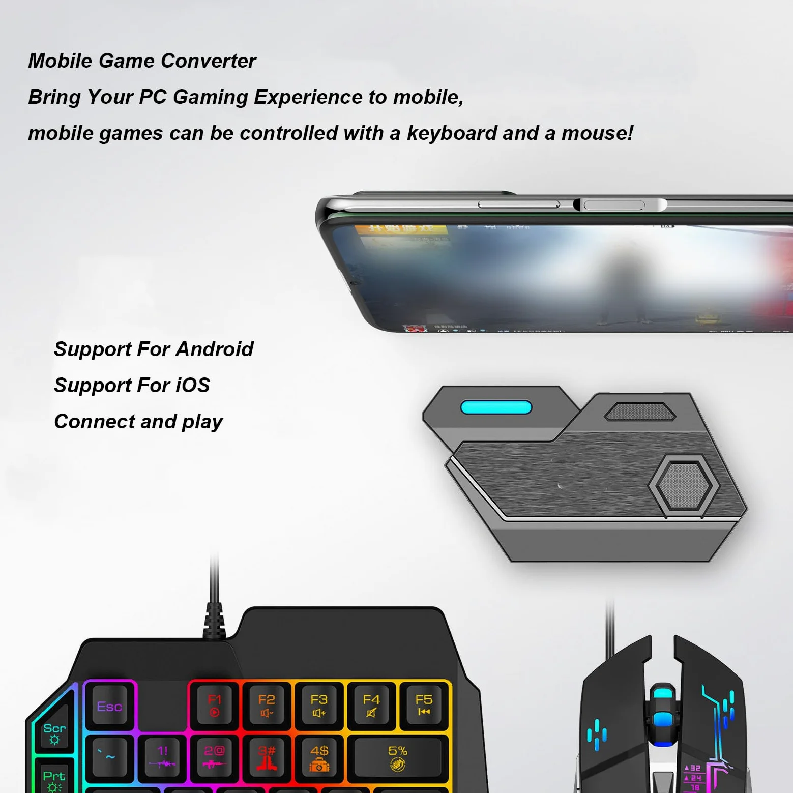 Fabater Set Convertitore Mouse Tastiera Telefono Cellulare per IOS, Tastiera da Gioco e Mouse Combinati a Mezza Mano RGB Cablato, Kit Convertitore da Telefono Cellulare a per Giochi FPS, 120FPS