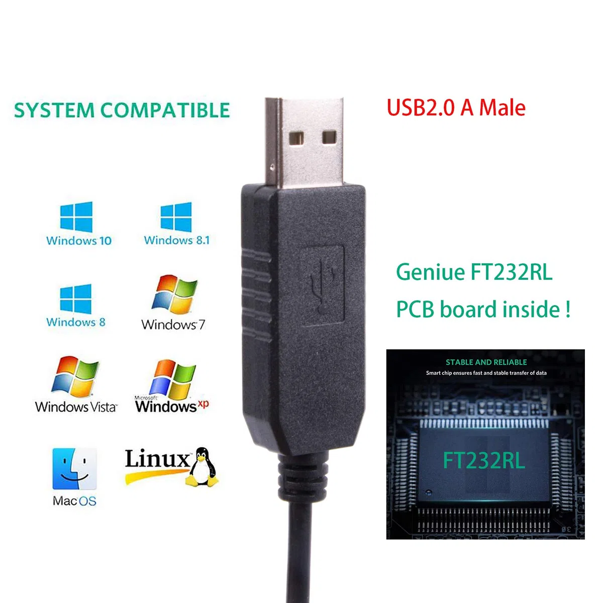 Cavo adattatore FTDI USB a TTL seriale 3,3 V 5 V con 3 pin passo 0,3 cm FeMale Socket Header UART IC FT232RL Chip per Windows 10 8 7 (livello logico 5 V TTL)