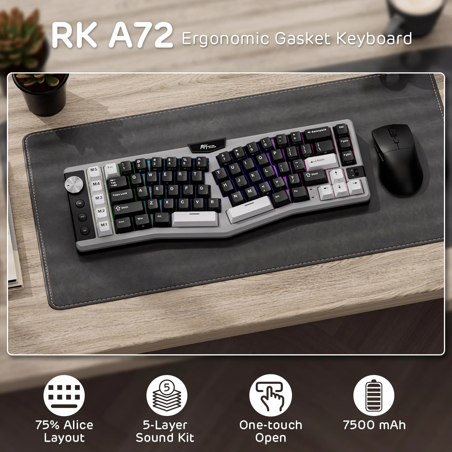 RK ROYAL KLUDGE Tastiera meccanica A72, RGB, 2,4 GHz/BT/cablata, tastiera da gioco con interruttori viola silenziosi