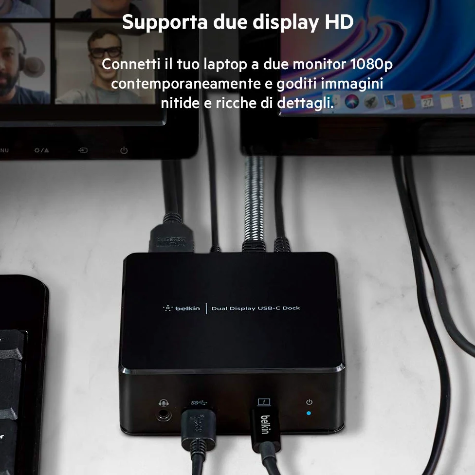 Belkin Station d'accueil USB-C à double écran (alimentation 85 W, HDMI, USB-A 3.1 Gen 1, Gigabit Ethernet, entrée/sortie audio pour MacBook, XPS et autres ordinateurs portables), noire