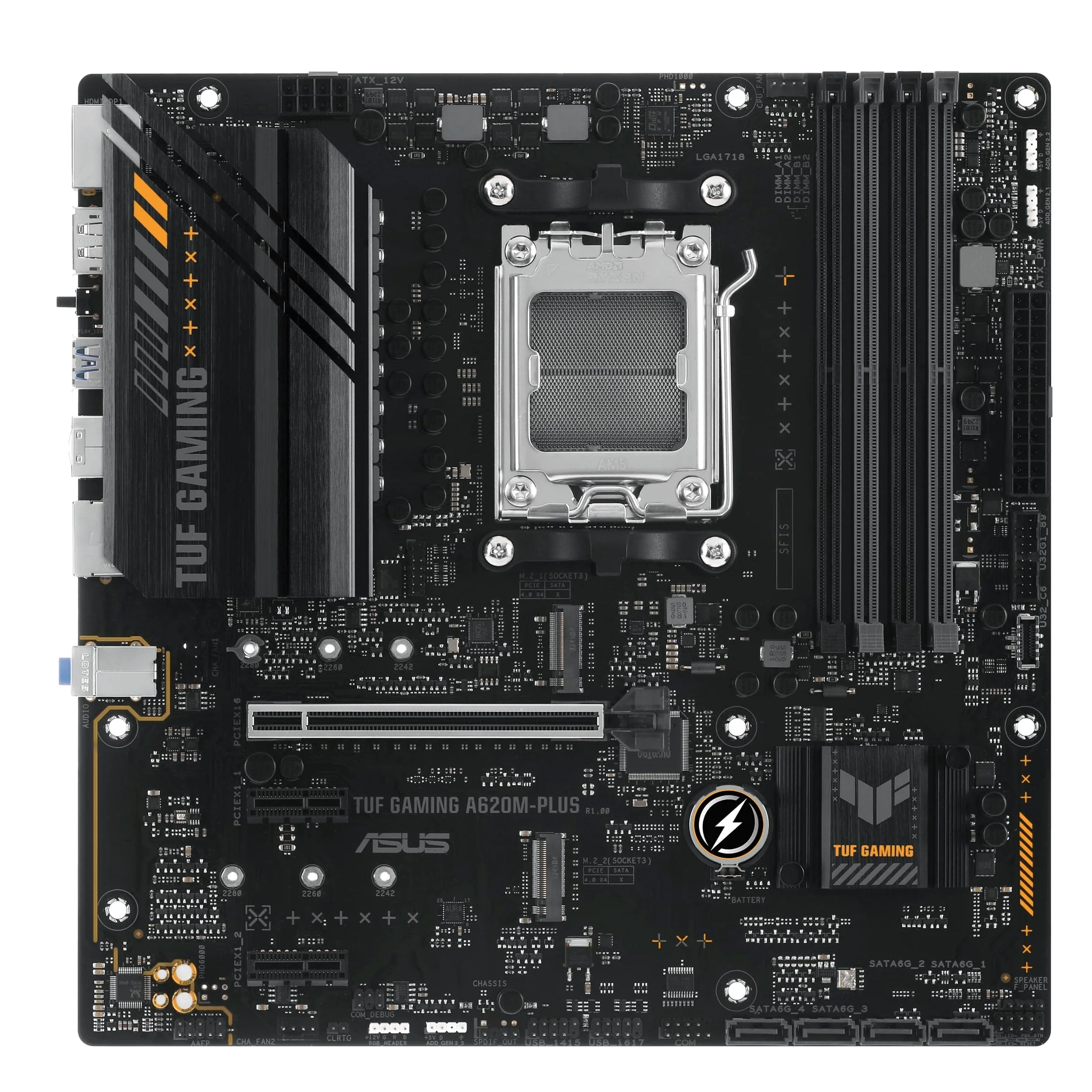 ASUS TUF GAMING A620M-PLUS Scheda madre AMD mATX, DDR5, 2 slot M.2 PCIe 4.0, Q-Latch, Ethernet Realtek 2.5Gb, 2 DisplayPort, HDMI, USB 3.2 Gen 1 Type-C, BIOS FlashBack, Cancellazione rumore, Aura Sync