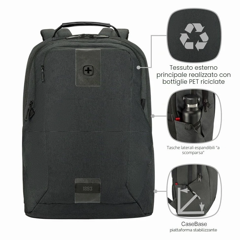WENGER Zaino Porta PC MX ECO Professional con Tasca per Tablet, Notebook 16”, Tablet 10”, Organizer, 20 l, Uomo Donna, Ufficio Viaggi di Lavoro Università, Nero, Sostenibile, 612261