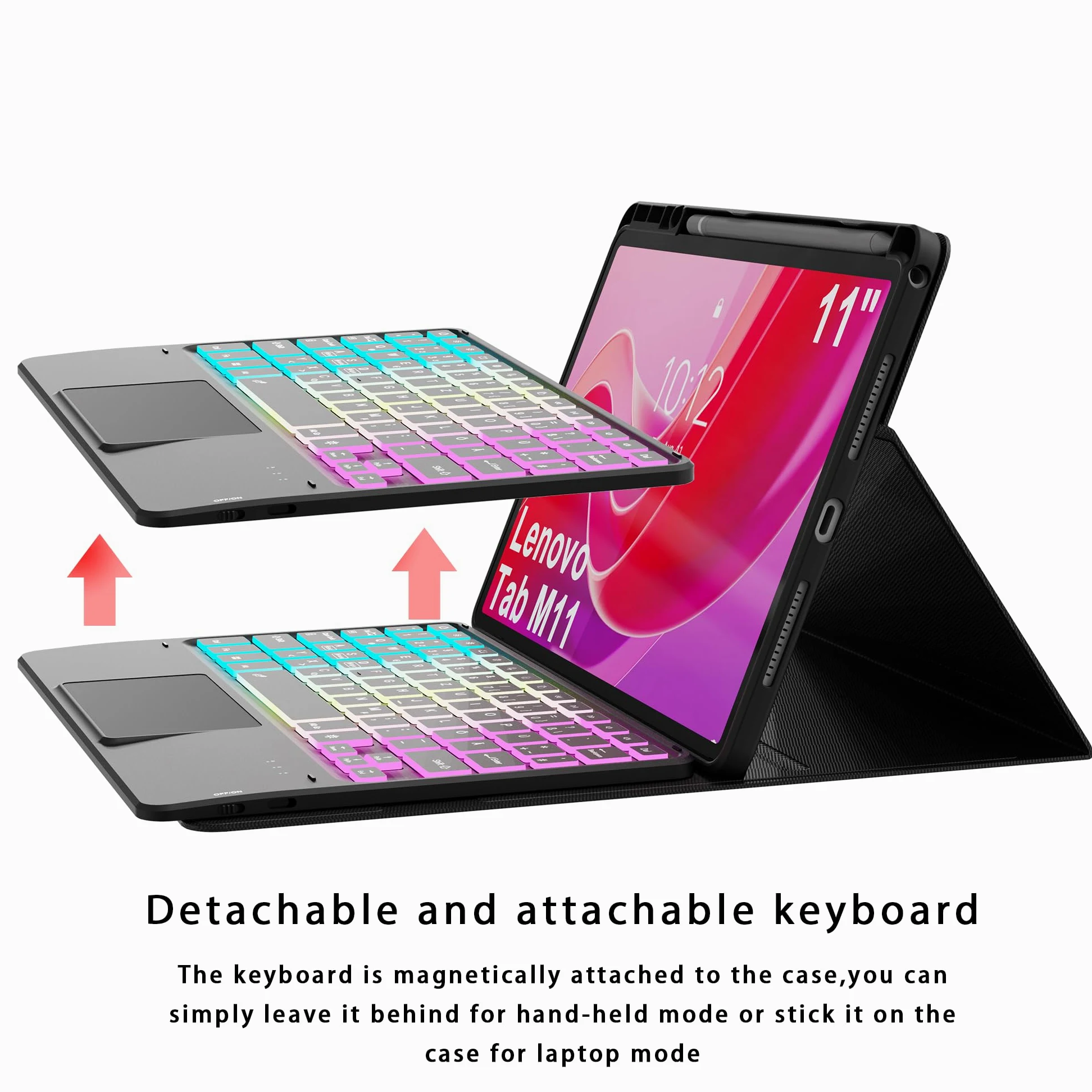 Custodia per Lenovo Tab M11 TB330/TB331 2024 da 11 pollici, con tastiera con trackpad | Retroilluminazione RGB a 7 colori, tastiera con touchpad, portapenne, rimovibile, magnetica, per studenti, viaggi