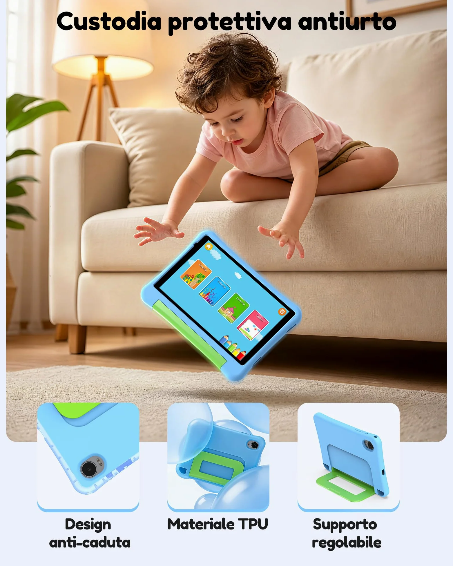 ALLDOCUBE Kido Tablet Per Bambini 8 Pollici, Android 15 Go, 32GB ROM, Blu | Controllo Parentale, iWaWa preinstallato, 512GB TF, Unisoc T310, 5000mAh, 2 Altoparlanti, Jack 3,5mm, Cover Anticaduta