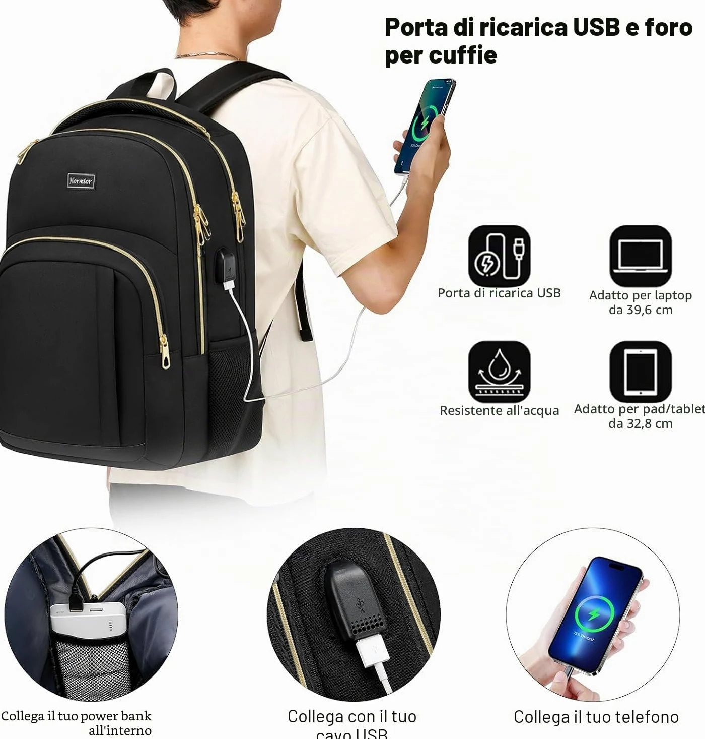 Zaino da scuola per laptop da 15,6", impermeabile, con porta di ricarica USB, oro nero, 15,6 zoll