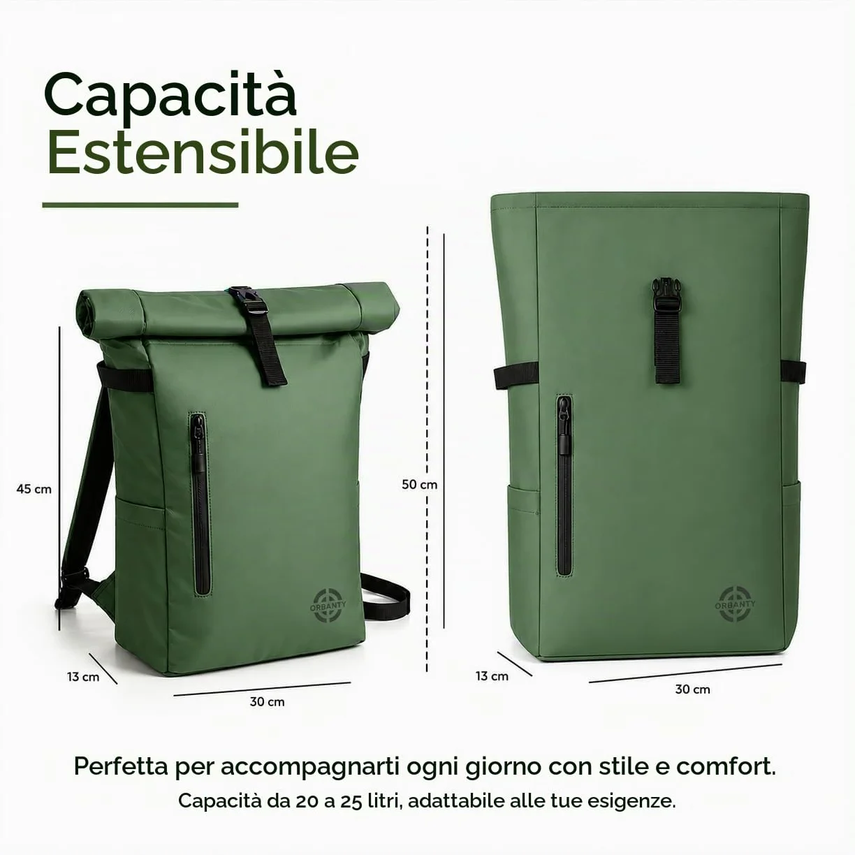 Zaino arrotolabile, impermeabile, espandibile, 20-25 l, con accesso rapido, portatile, casual, unisex, leggero, organizer, maniglia torlley, spallacci imbottiti, viaggi, lavoro, università, Verde