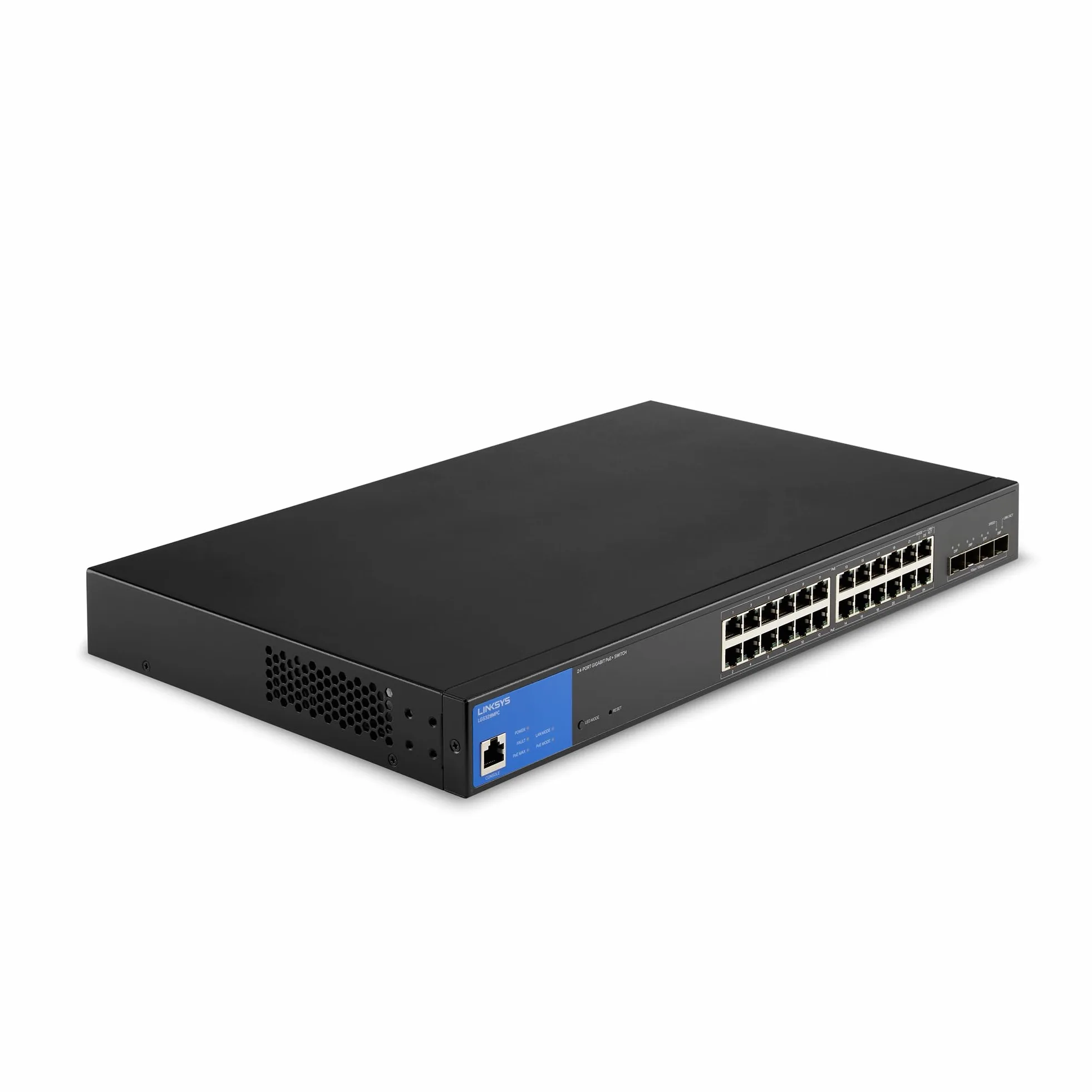 Linksys LGS328MPC-EU Switch di rete Gigabit PoE+ a 24 porte, 410 W, 4 porte di uplink 10G SFP+, smart switch gestito, sdoppiatore Ethernet con chassis in metallo, montaggio su parete o scrivania