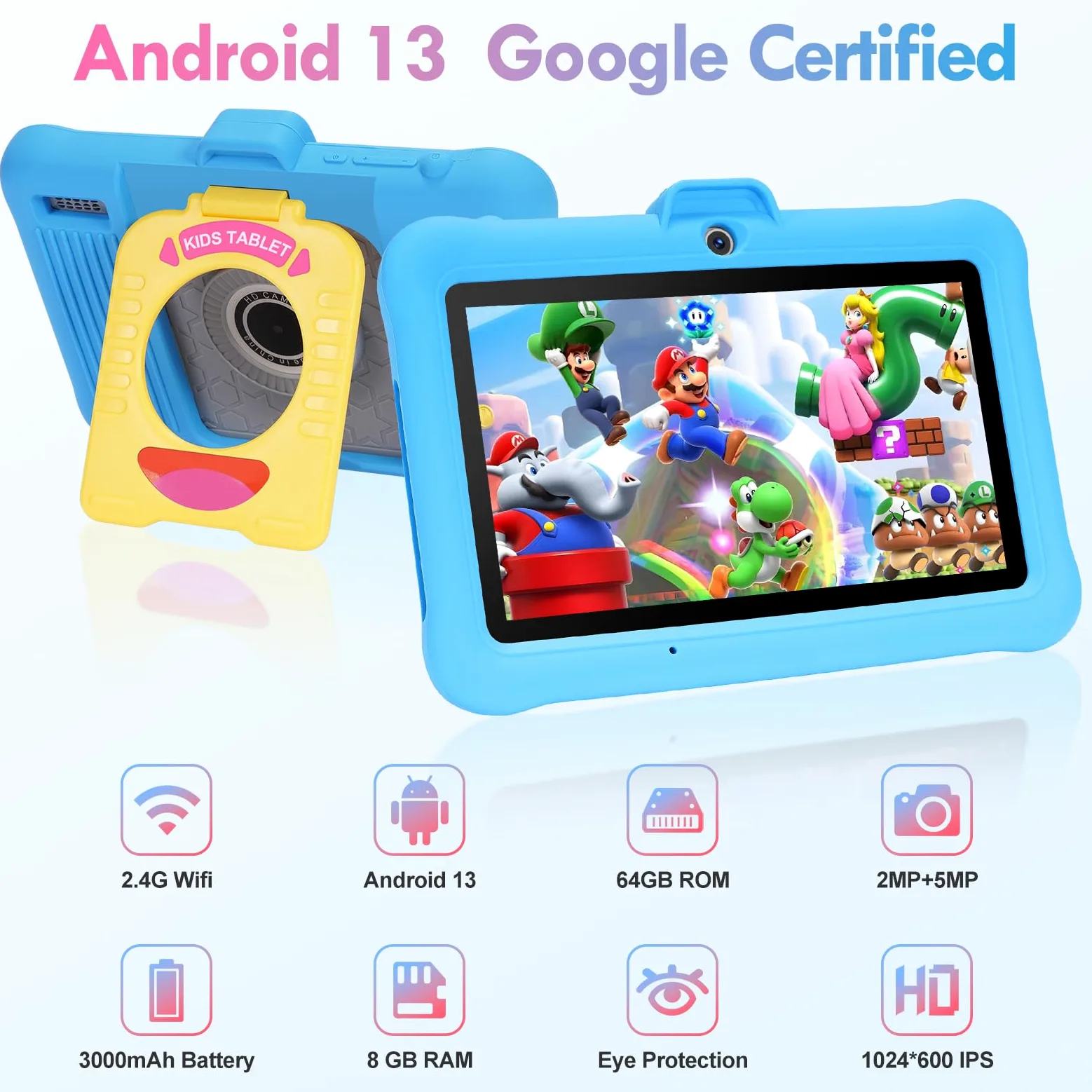 Tablet Bambini 7 Pollici Android, RAM 8 (3+5) GB, ROM 64 GB (TF 128 GB), GMS Certified, Apps Preinstallato, Educativo, Controllo Parentale, WiFi, Kid-Proof Custodia con Supporto Regolabile