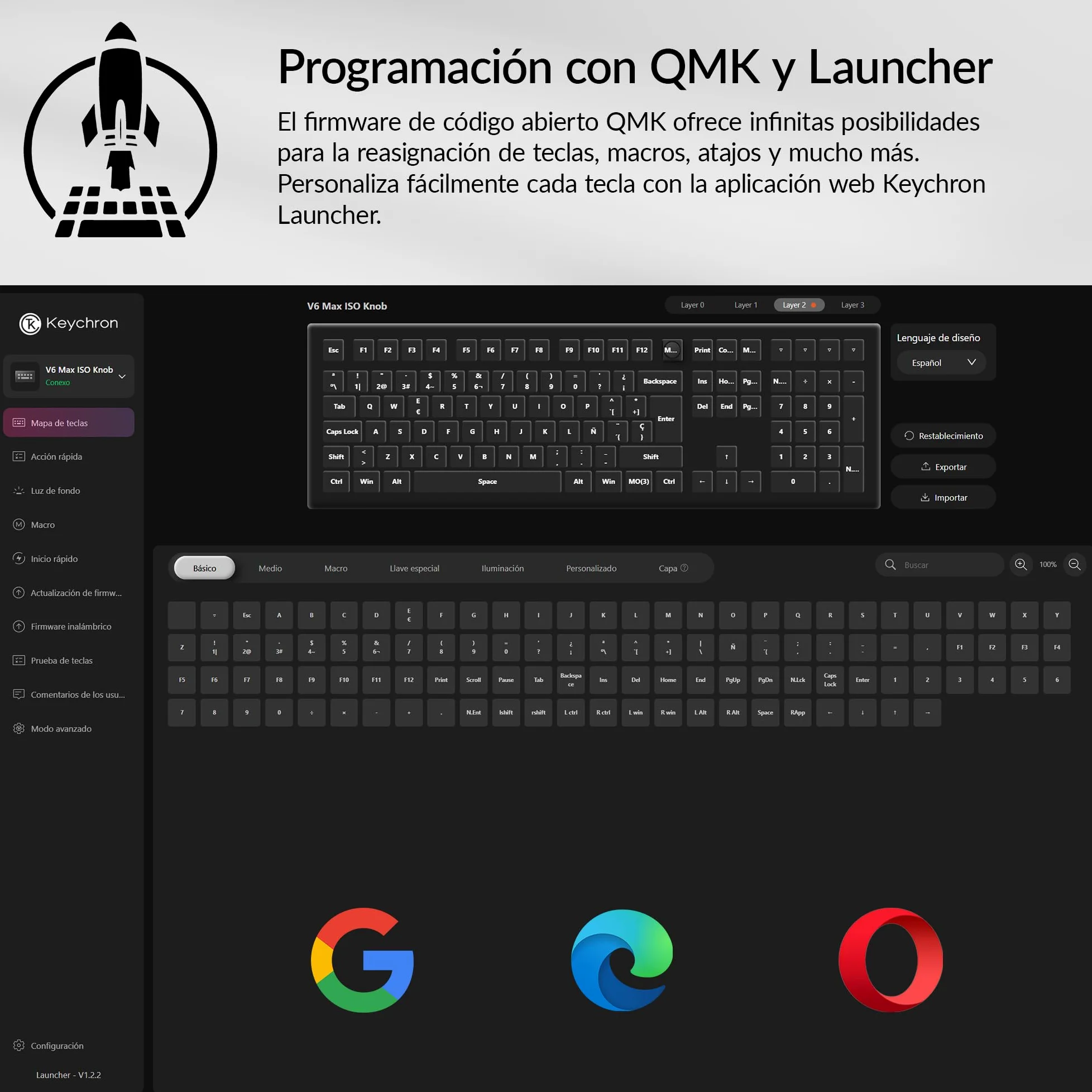 Keychron V6 MAX Tastiera meccanica da gaming wireless, 2,4 GHz/Bluetooth/cavo, layout QWERTY spagnolo, programmabile QMK, compatibile con Mac, Windows e Linux, Interruttori Gateron Jupiter rossi