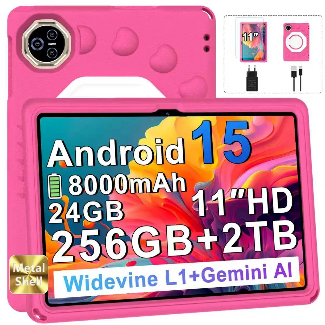 2026 Tablet Android 15 Con EVA Silicone Custodia Protettiva, 24GB+256GB/2TB, Bambini tablet 11 Pollici Octa-Core, Gemini AI/Widevine L1, 8000 mAh, 13MP+5MP, Corpo Metallo, Tableta Grande-Pallido Rosa