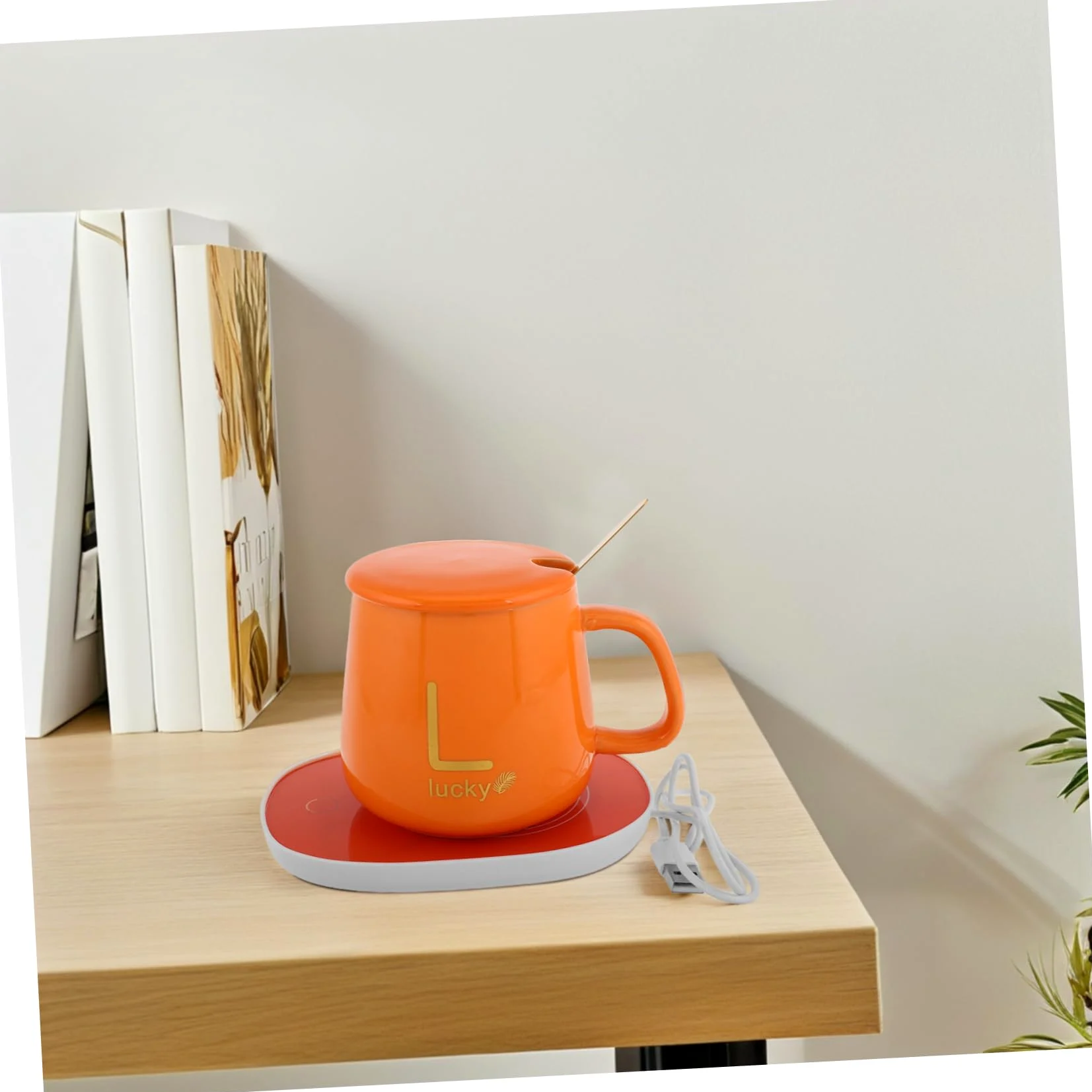 Scalda Tazza Elettrico in Ceramica Arancia con Funzione Antiscivolo e Antiscaldamento, per Ufficio e Feste di Natale con Coperchio e Cucchiaio